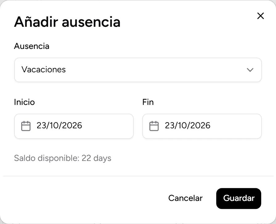 Añadir ausencia: tipo, inicio, fin y saldo disponible