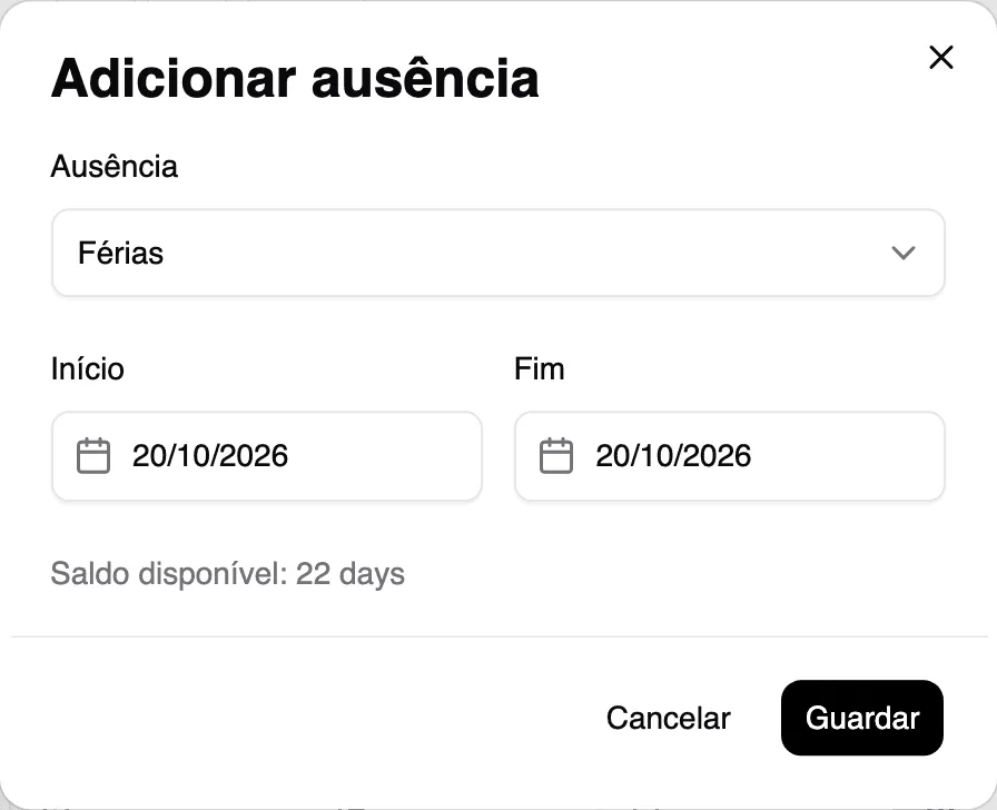 Adicionar ausência: tipo, início, fim e saldo disponível