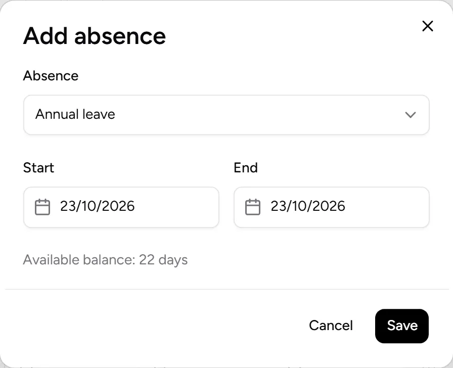 Add absence: type, start, end and available balance