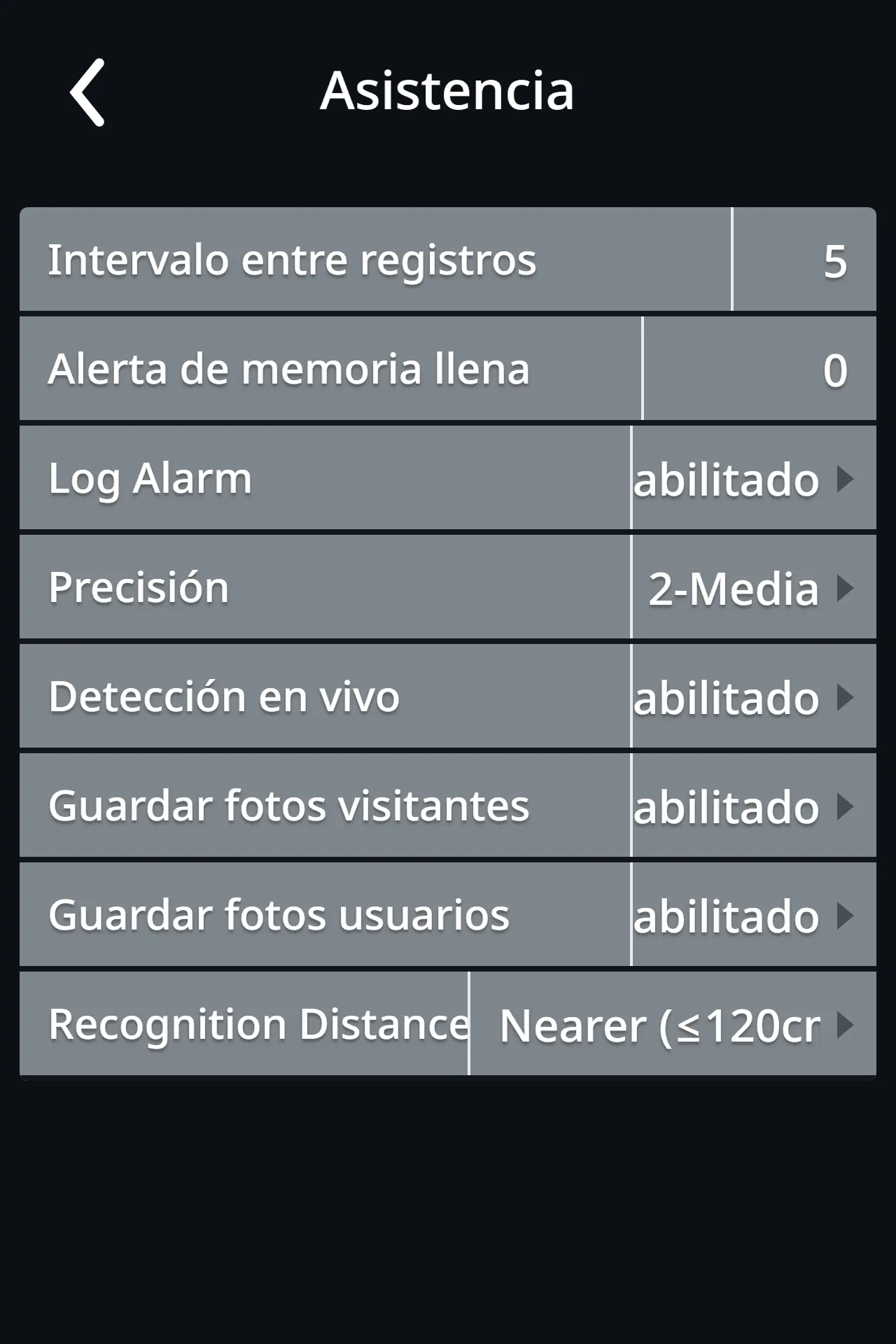 Pantalla Frecuencia con el intervalo entre registros