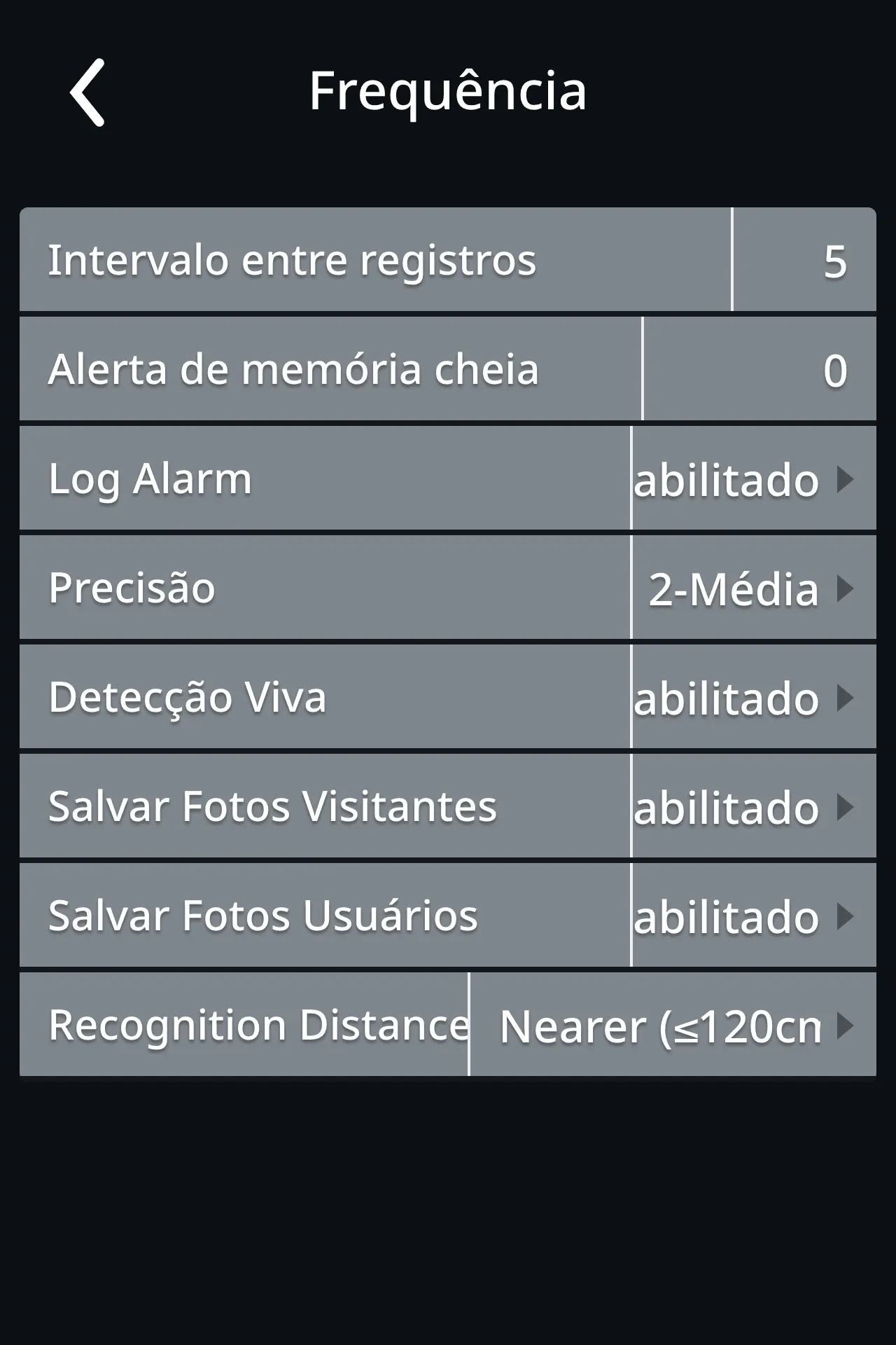 Ecrã Frequência com o intervalo entre registos