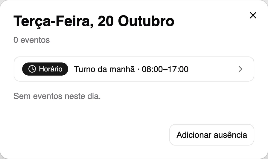 Dia do calendário do colaborador, com o botão Adicionar ausência