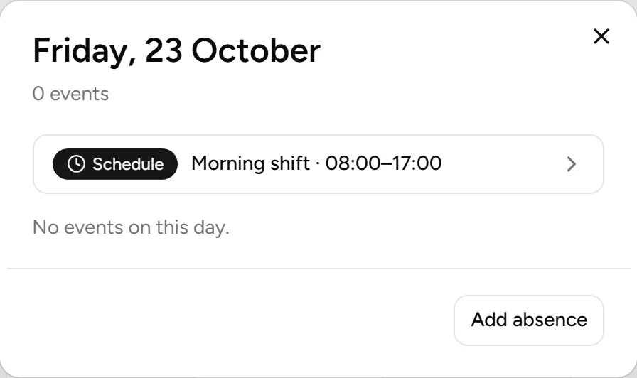 Day of the employee’s calendar, with the Add absence button