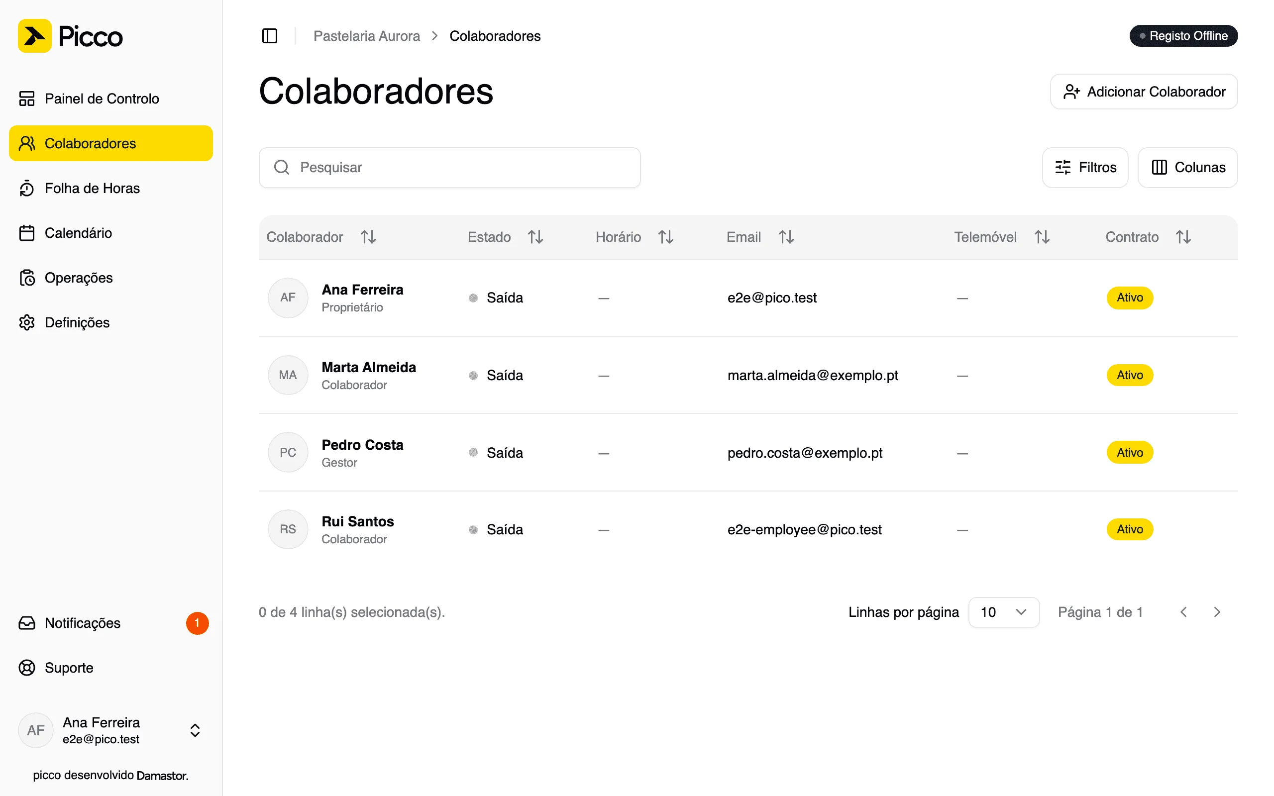 Lista de colaboradores com o botão Adicionar Colaborador
