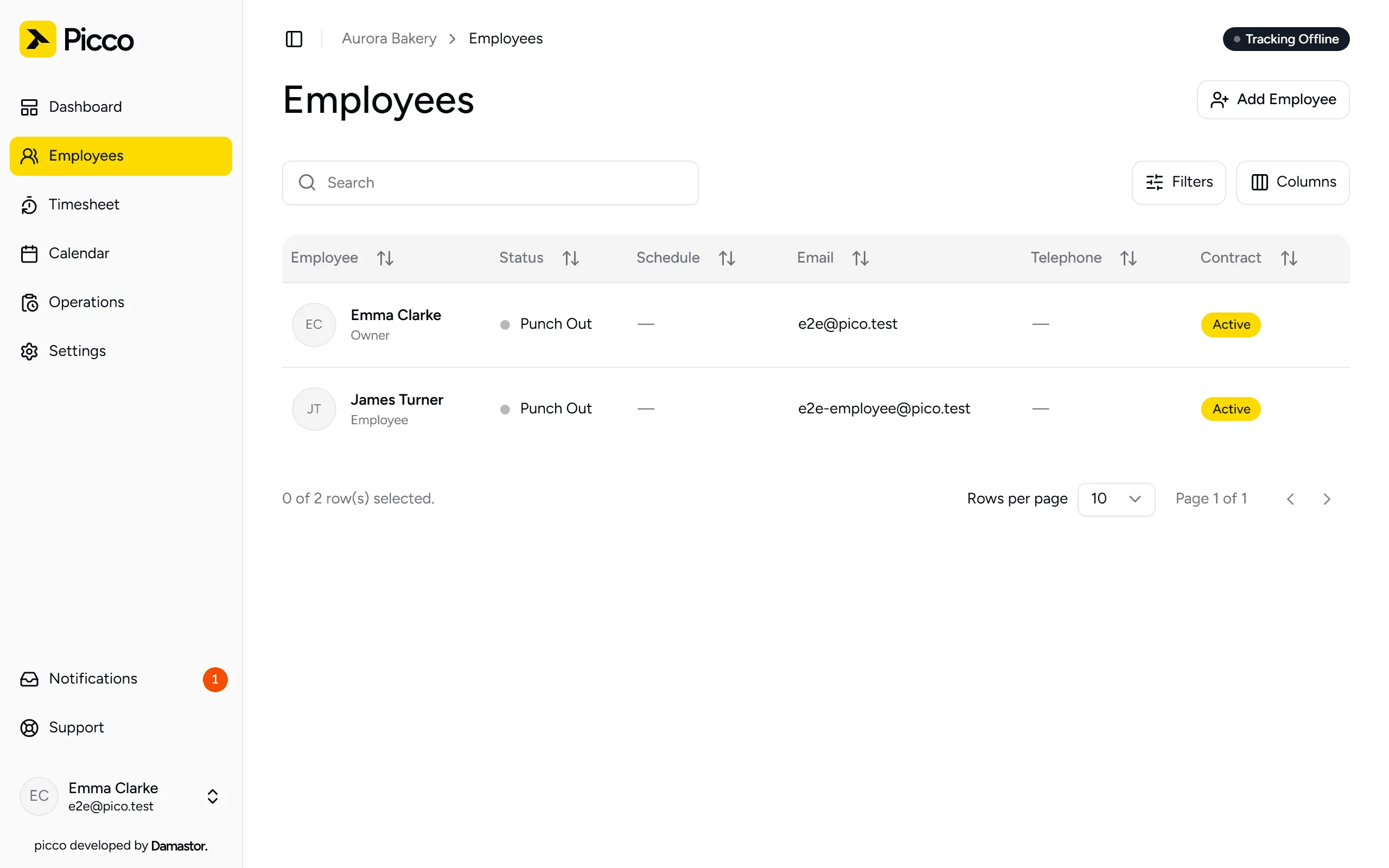 Employee list with the Add Employee button