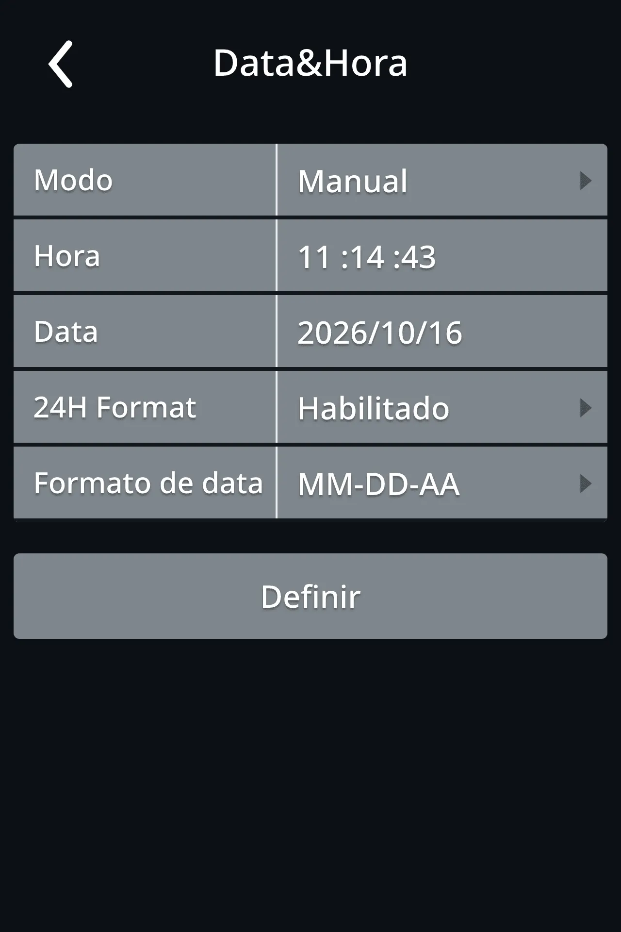 Definições de data e hora