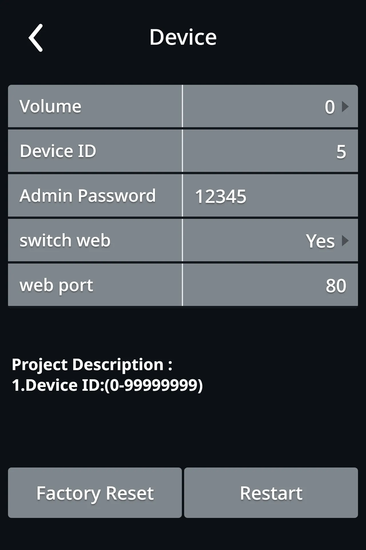 Device screen with Volume, Device ID, Admin Password and the Factory Reset and Restart buttons
