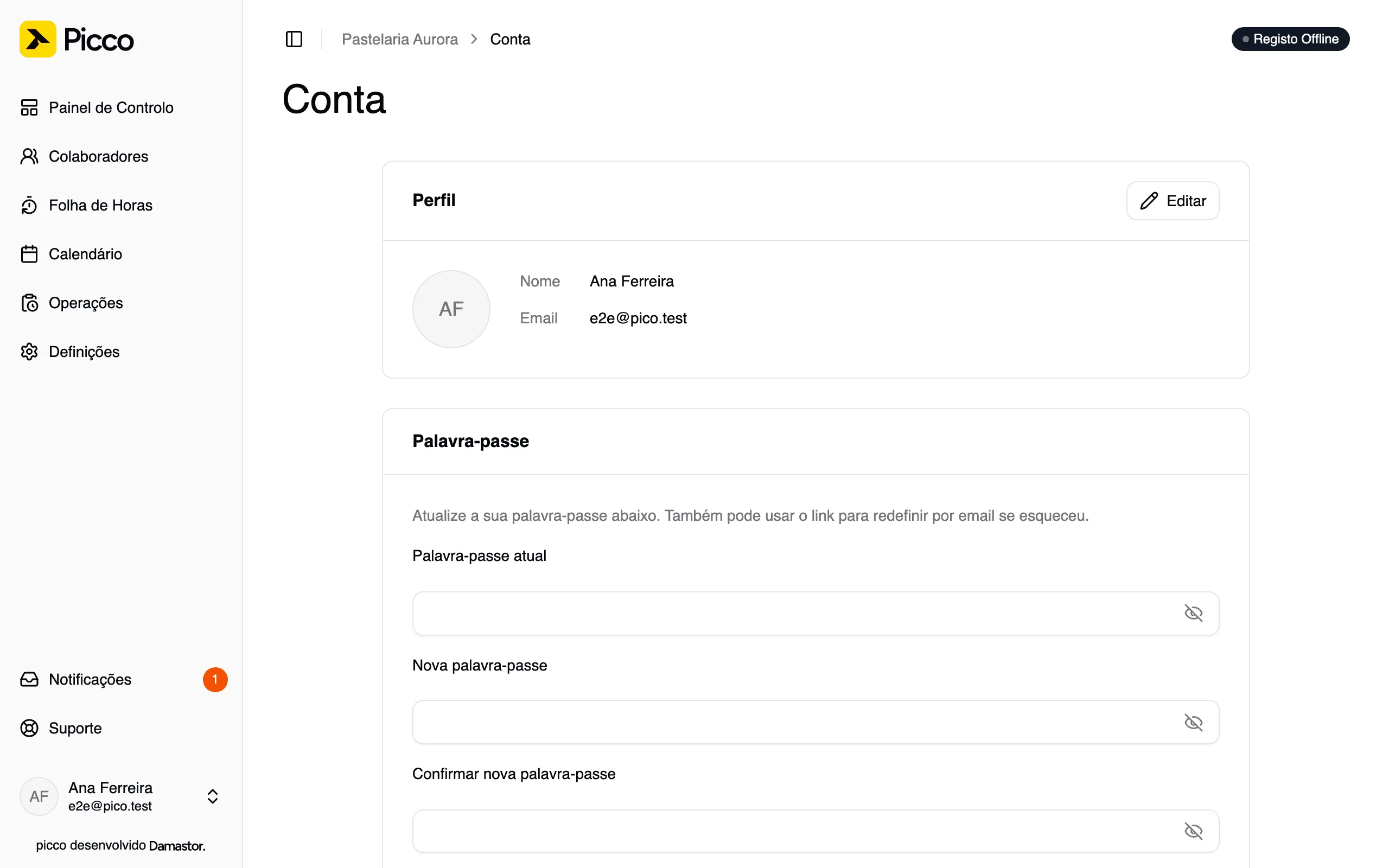 Página Conta com perfil e palavra-passe