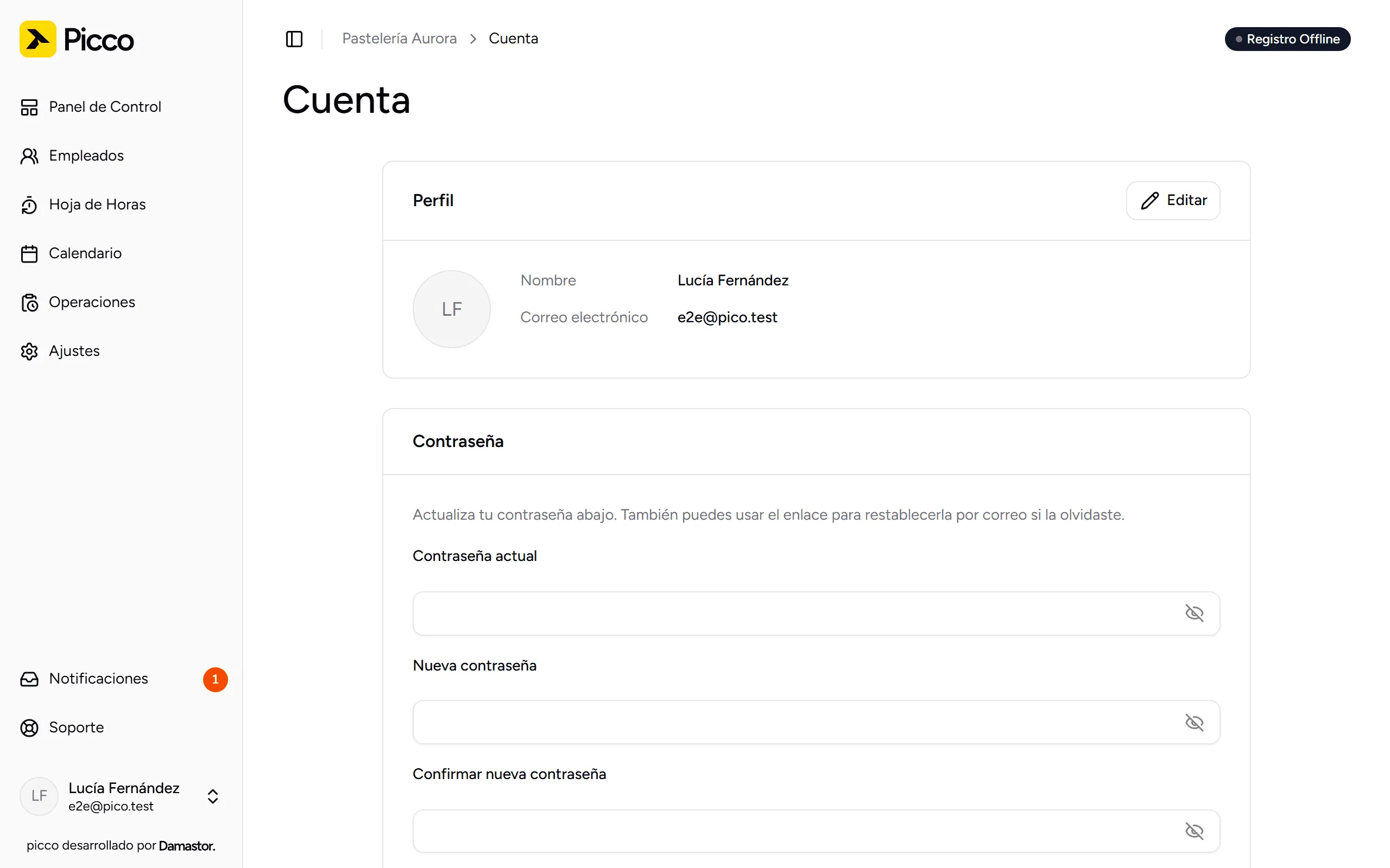 Página Cuenta con perfil y contraseña