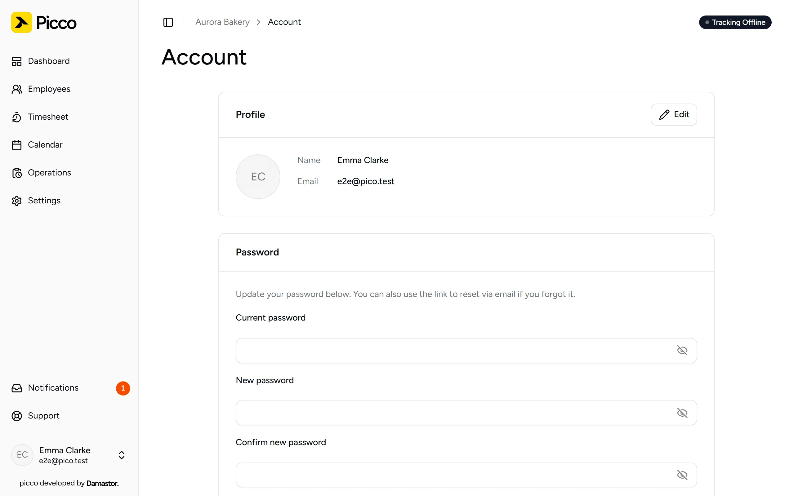 Account page with profile and password
