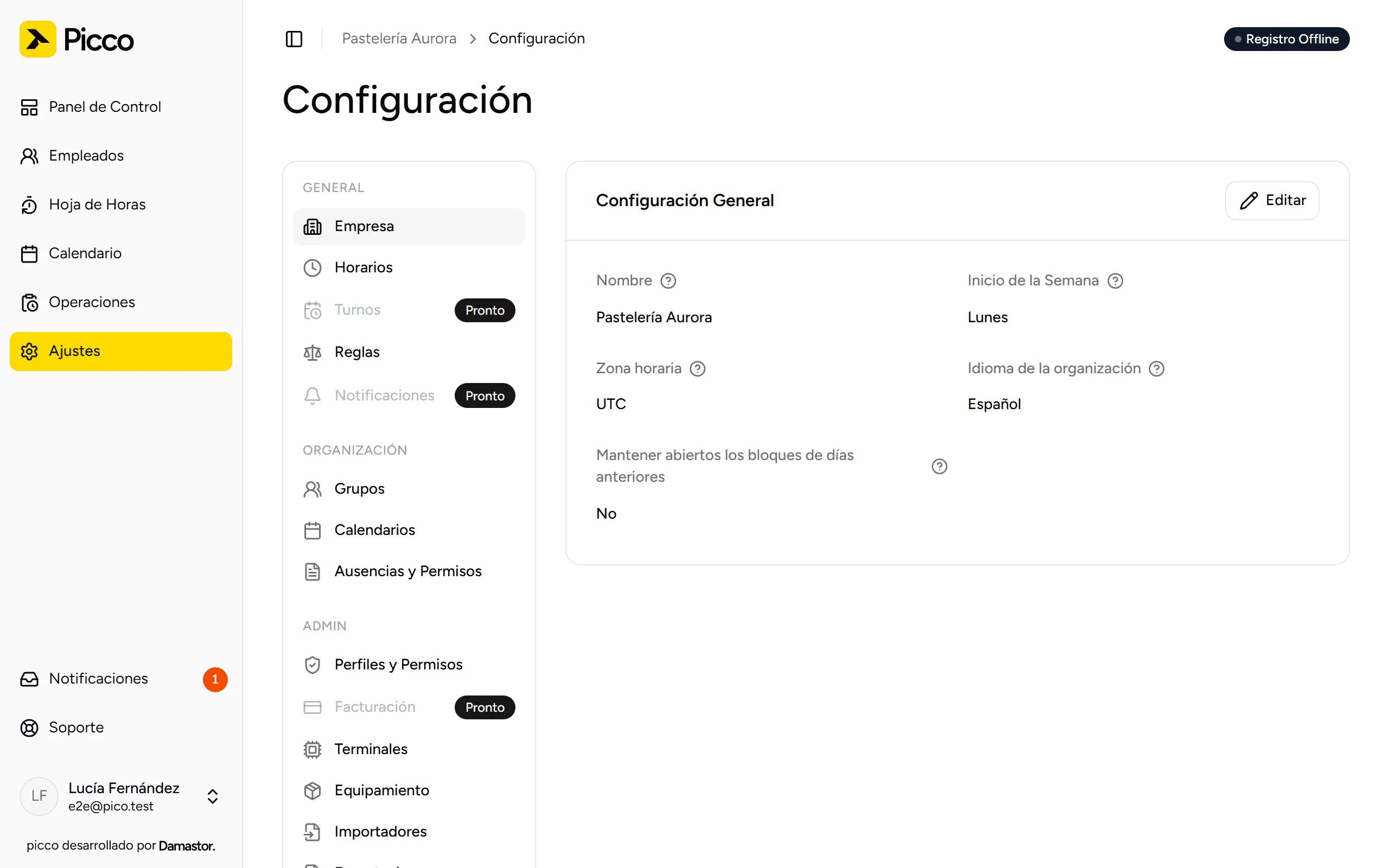 Ajustes de la empresa: nombre, huso horario, idioma e inicio de la semana