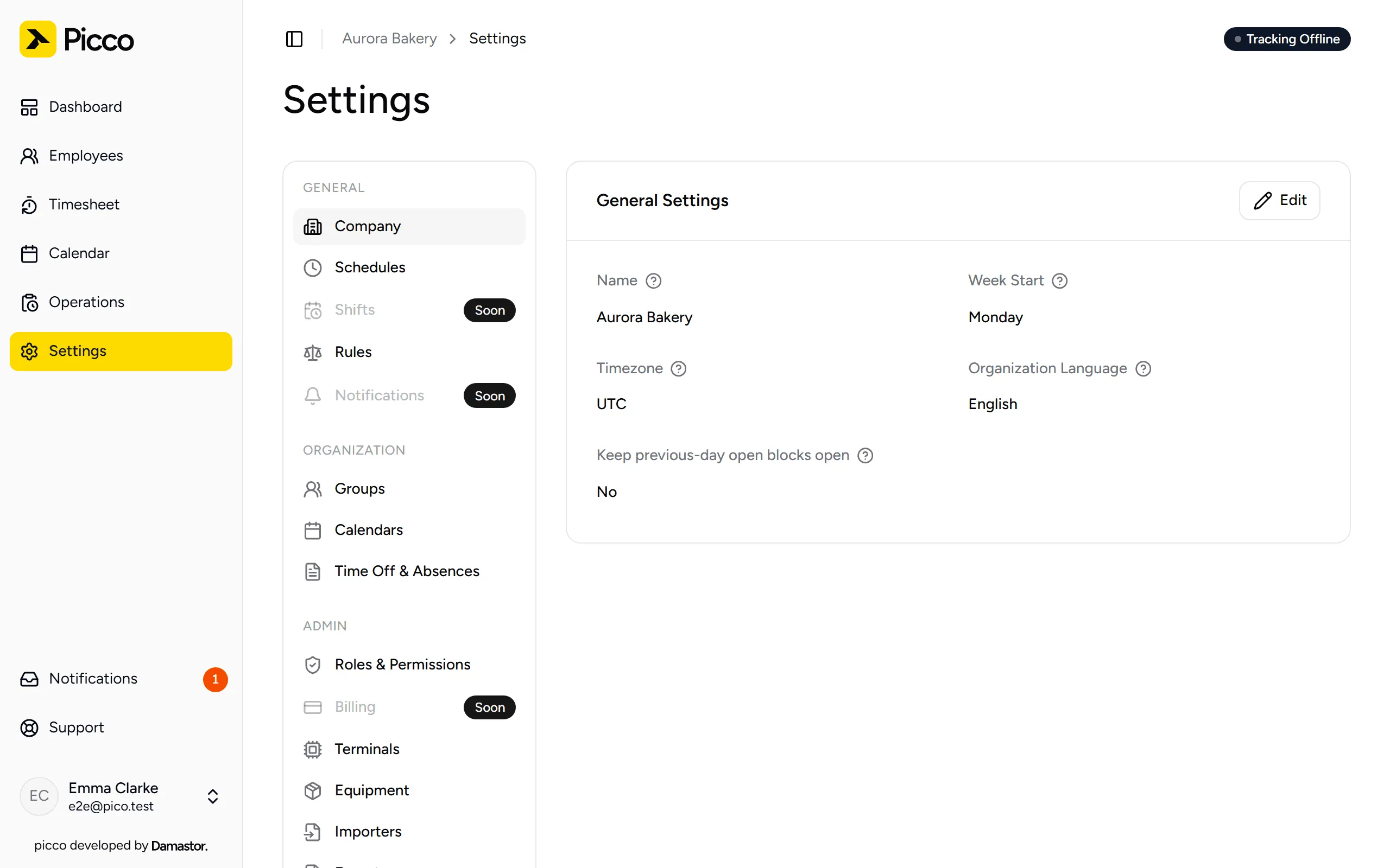 Company settings: name, time zone, language and start of the week