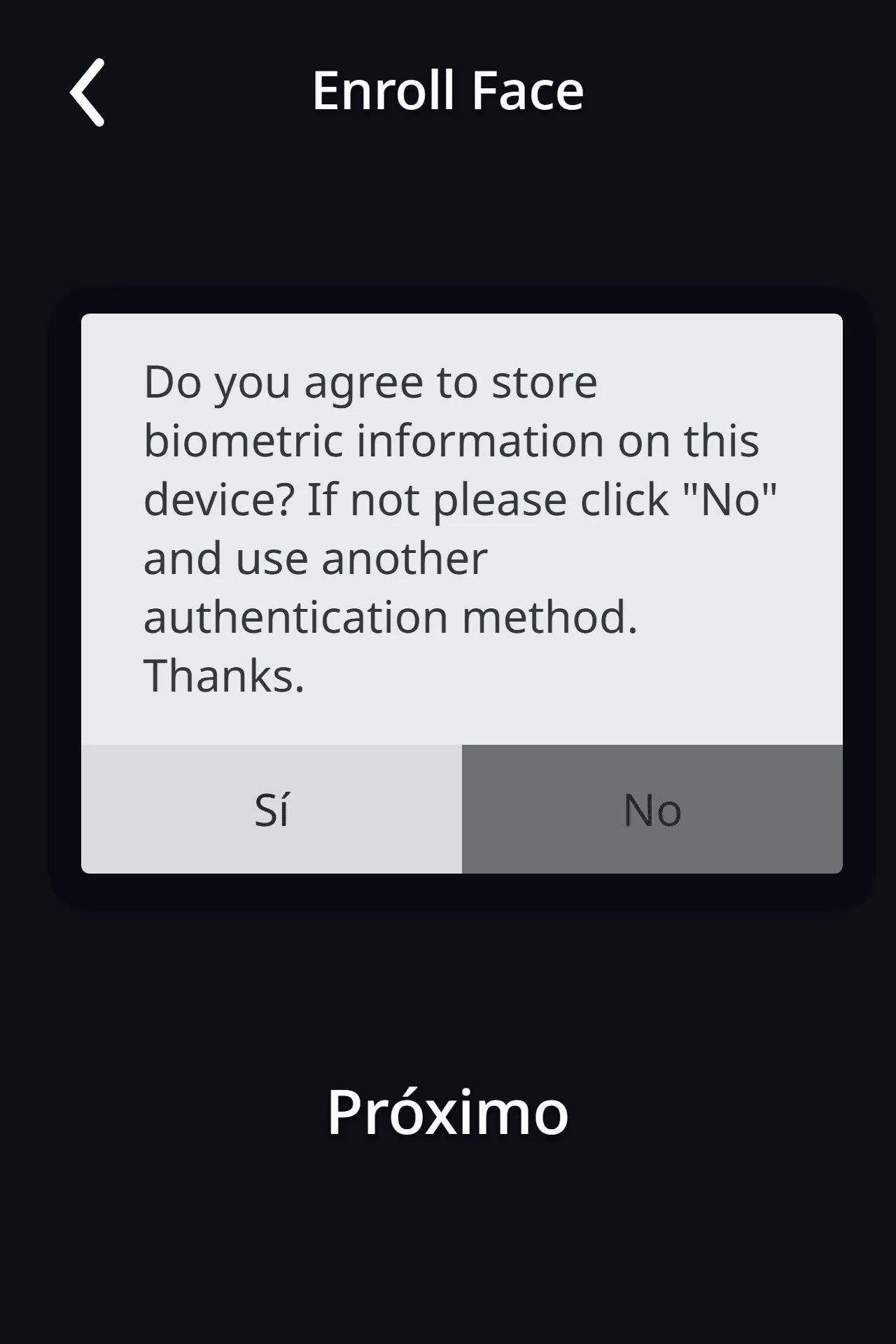 Aviso de consentimiento para guardar datos biométricos, con Sí y No