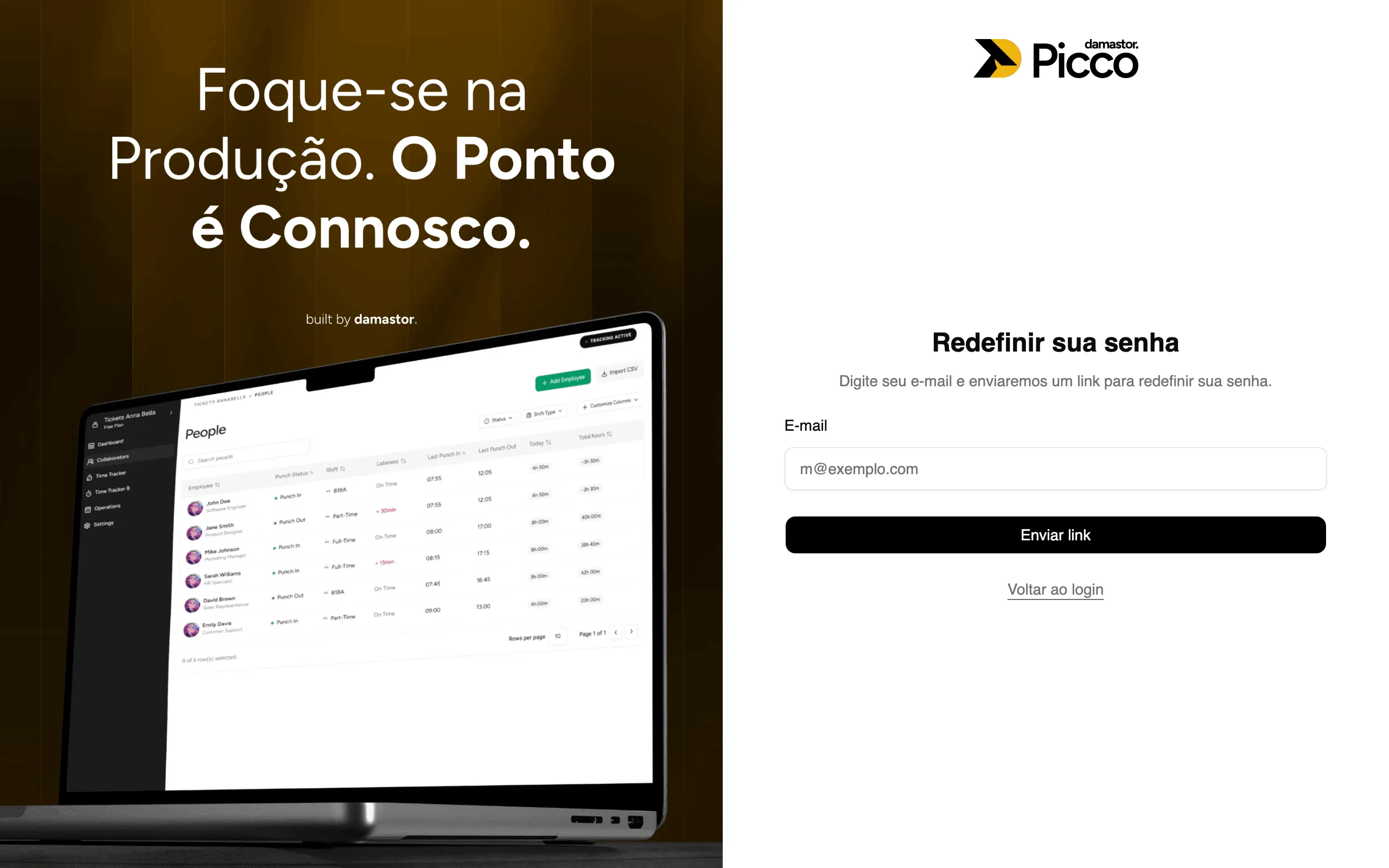 Pedido de link para redefinir a senha
