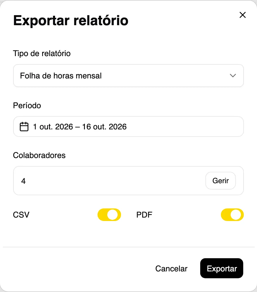 Janela Exportar relatório, antes de escolher o modelo
