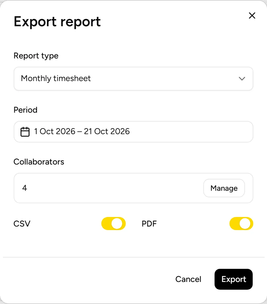 Export report window, before choosing the template