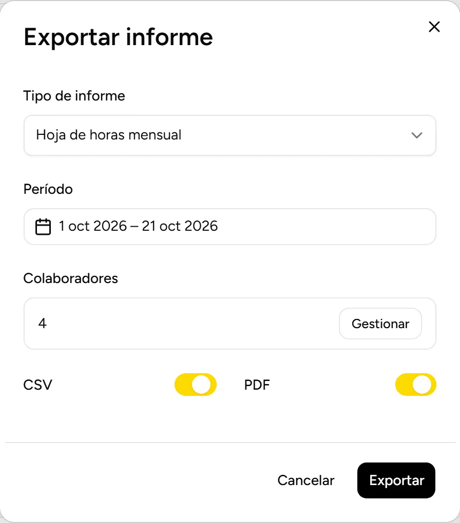 Ventana Exportar informe, antes de elegir la plantilla
