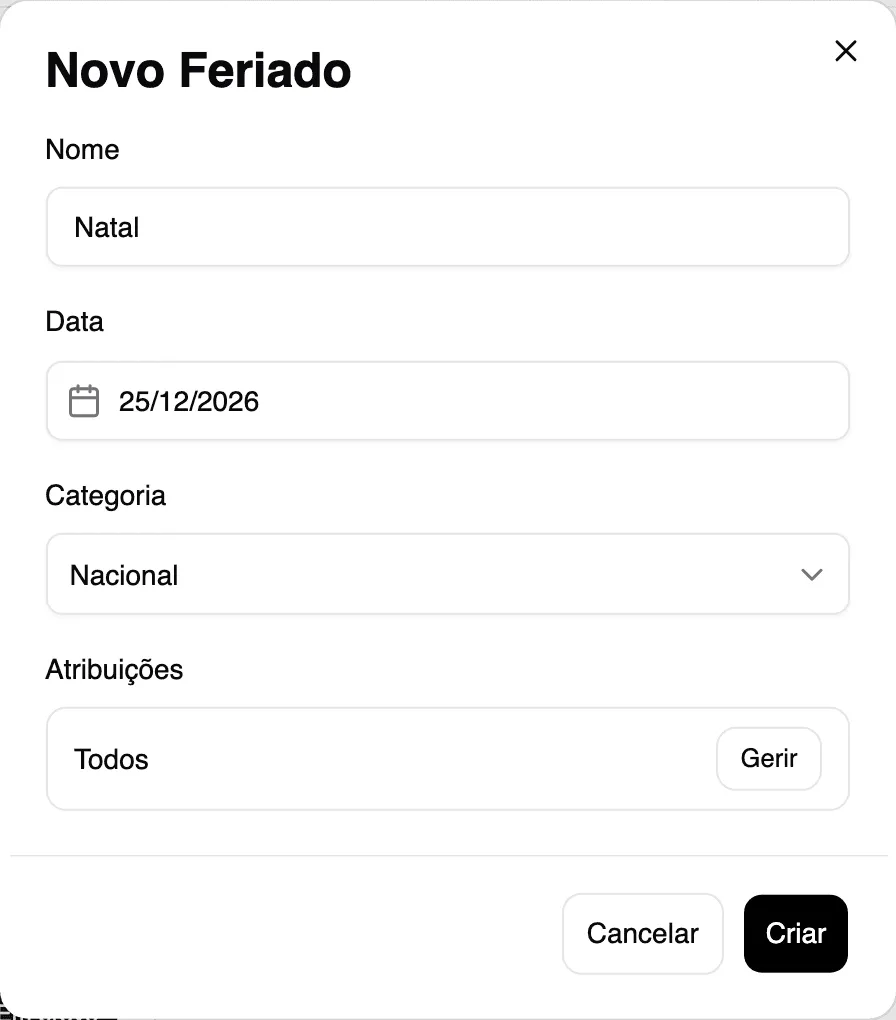 Novo feriado com nome, data, categoria e atribuições