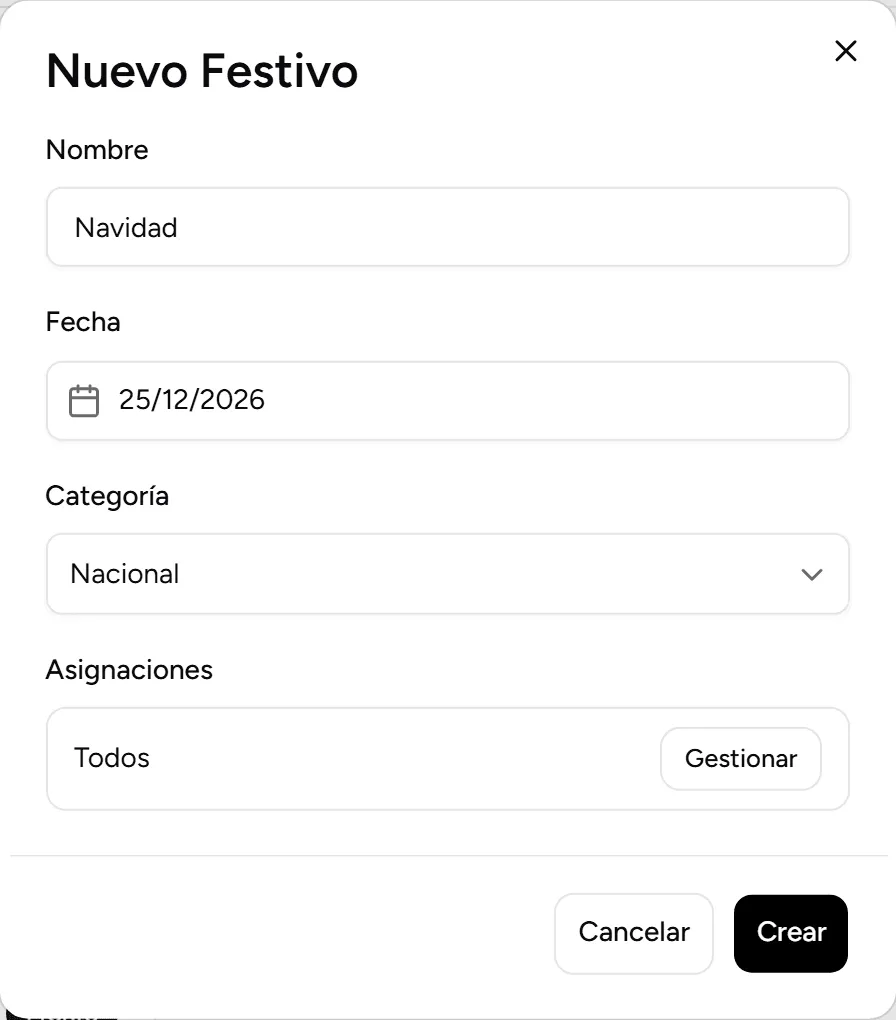 Nuevo festivo con nombre, fecha, categoría y asignaciones