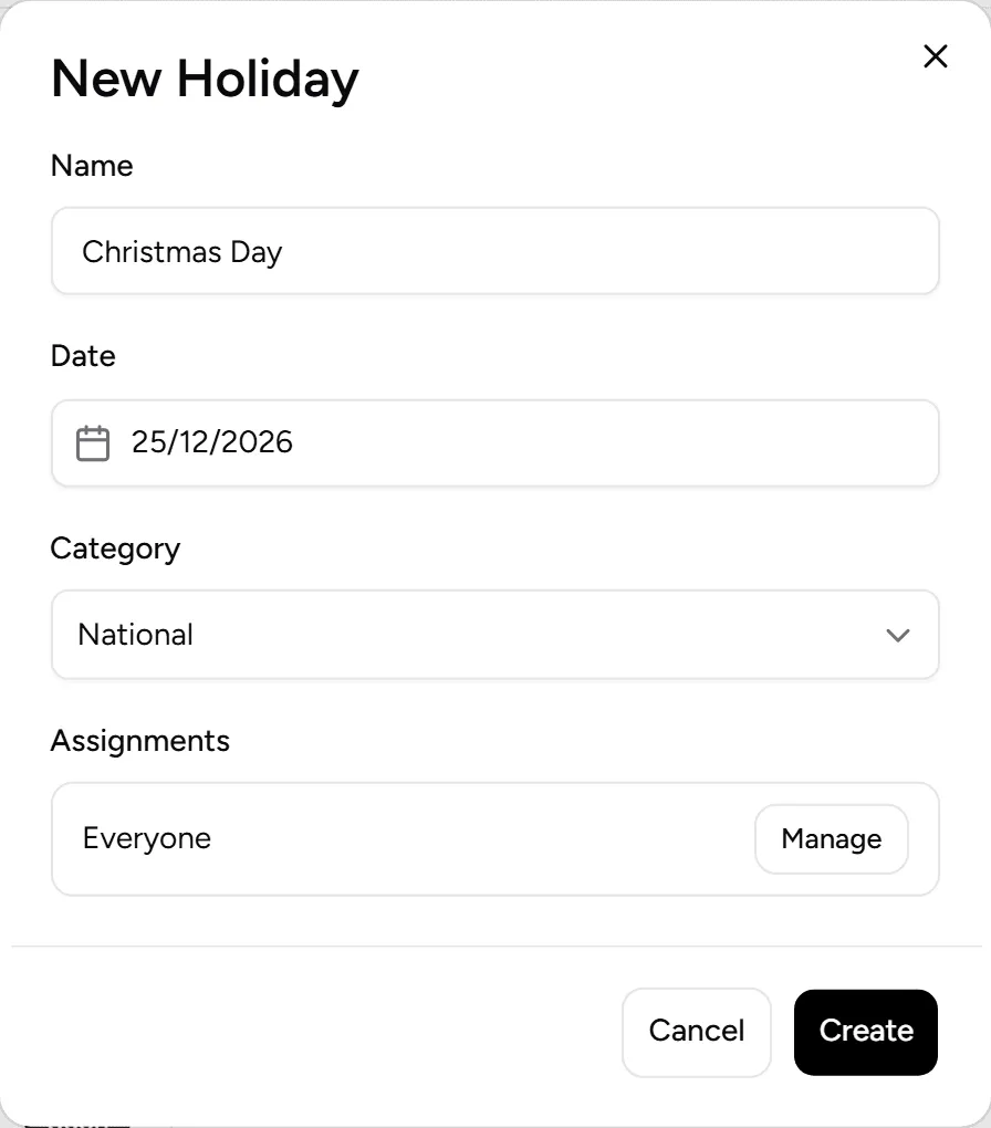 New holiday with name, date, category and assignments