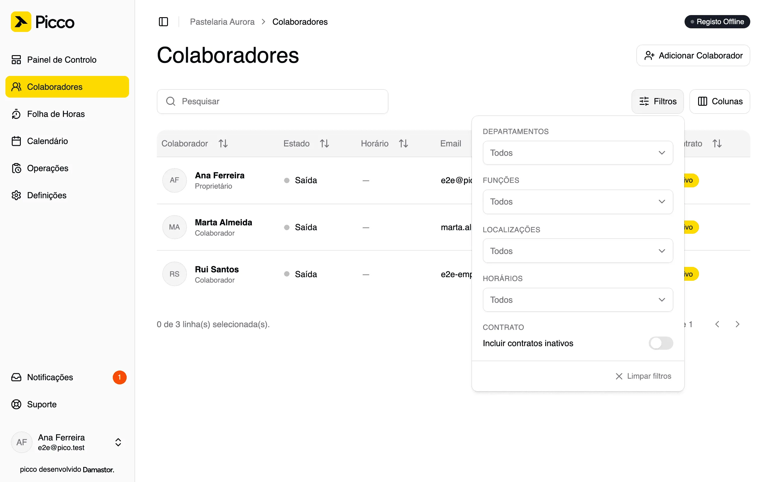 Lista de colaboradores com o painel de filtros aberto