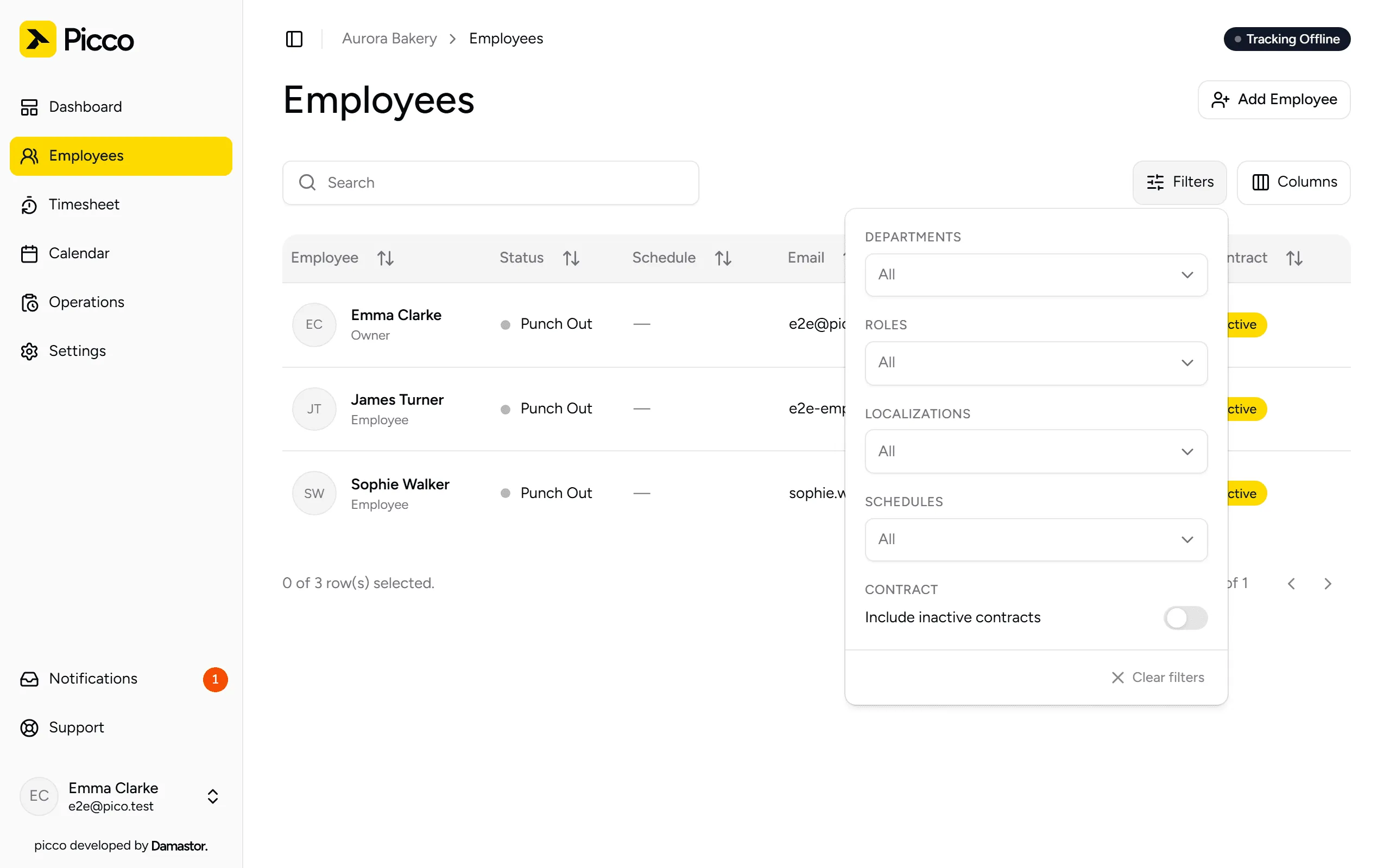Employee list with the filters panel open
