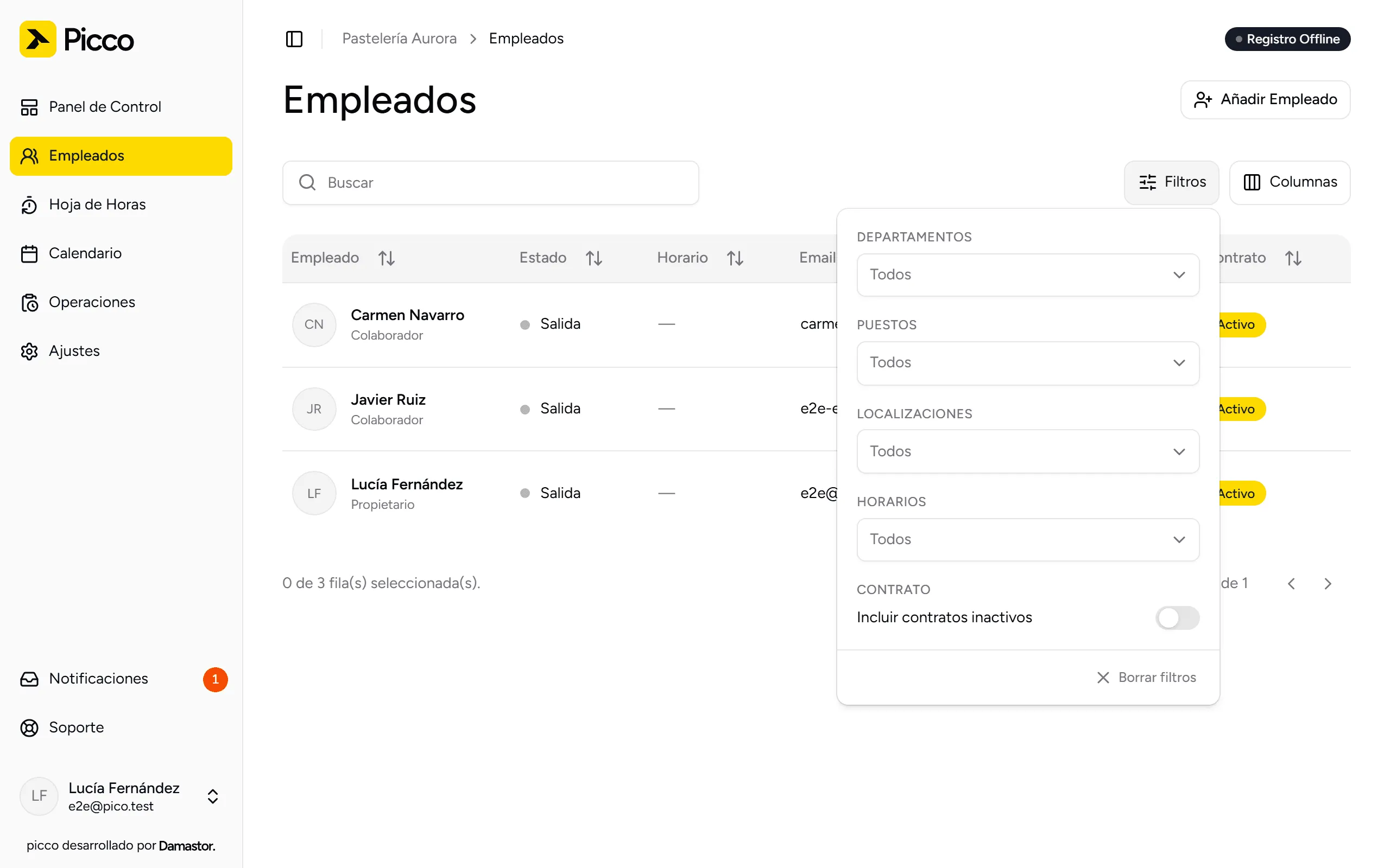 Lista de empleados con el panel de filtros abierto