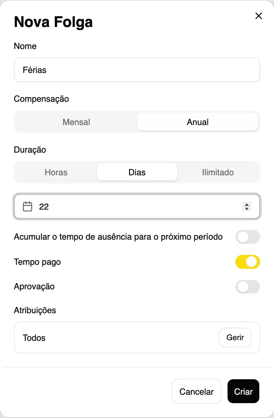 Novo tipo de folga: nome, compensação, duração, tempo pago, aprovação e atribuições