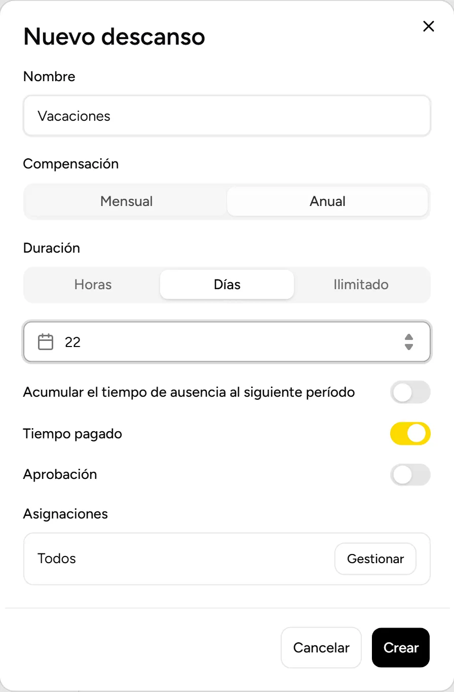 Nuevo tipo de día libre: nombre, compensación, duración, tiempo pagado, aprobación y asignaciones