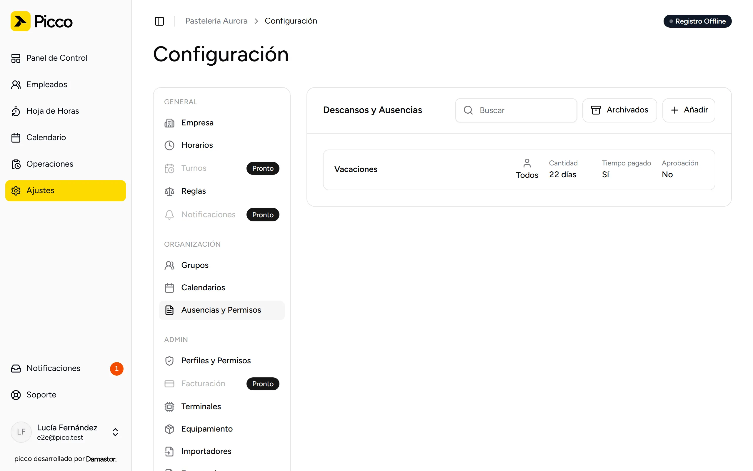 Lista de tipos de día libre con Vacaciones, 22 días
