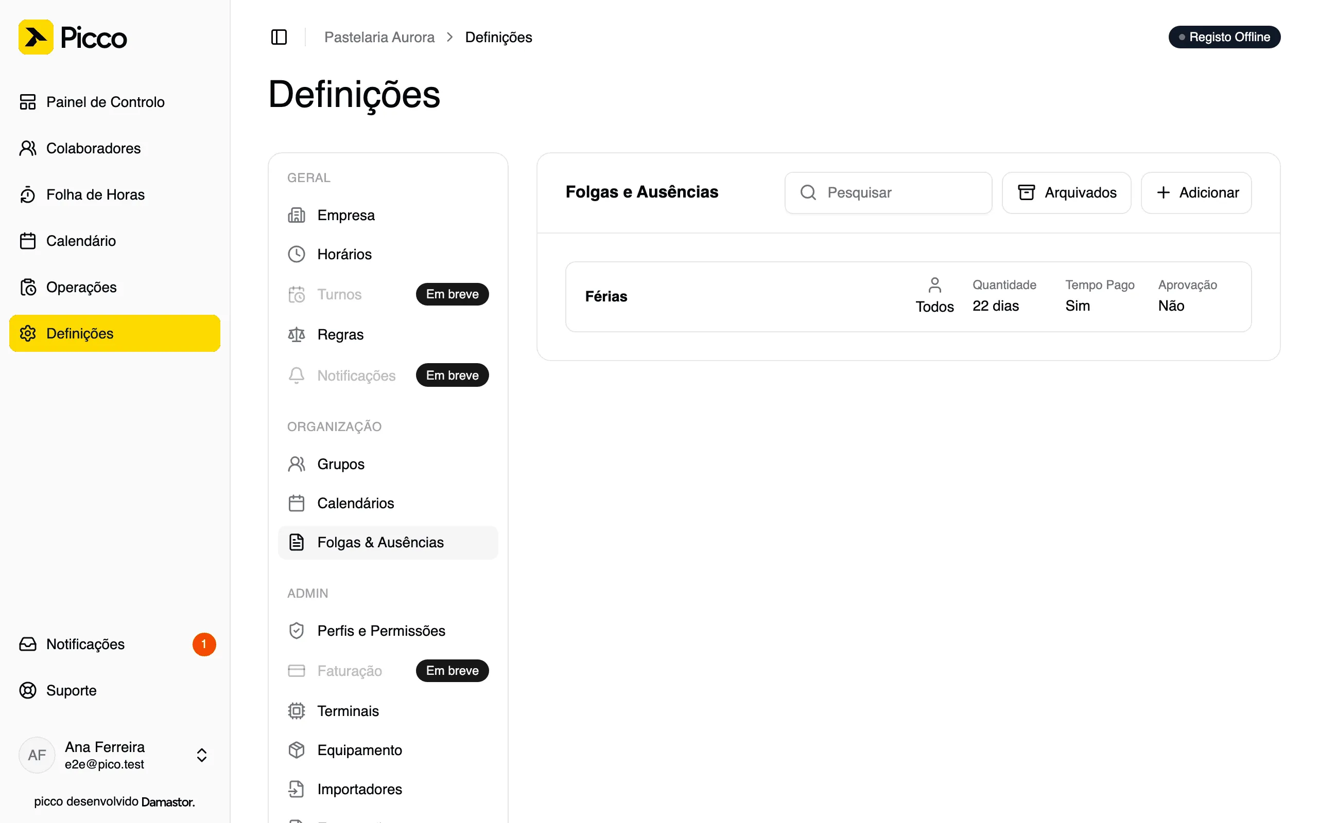 Lista de tipos de folga com Férias, 22 dias