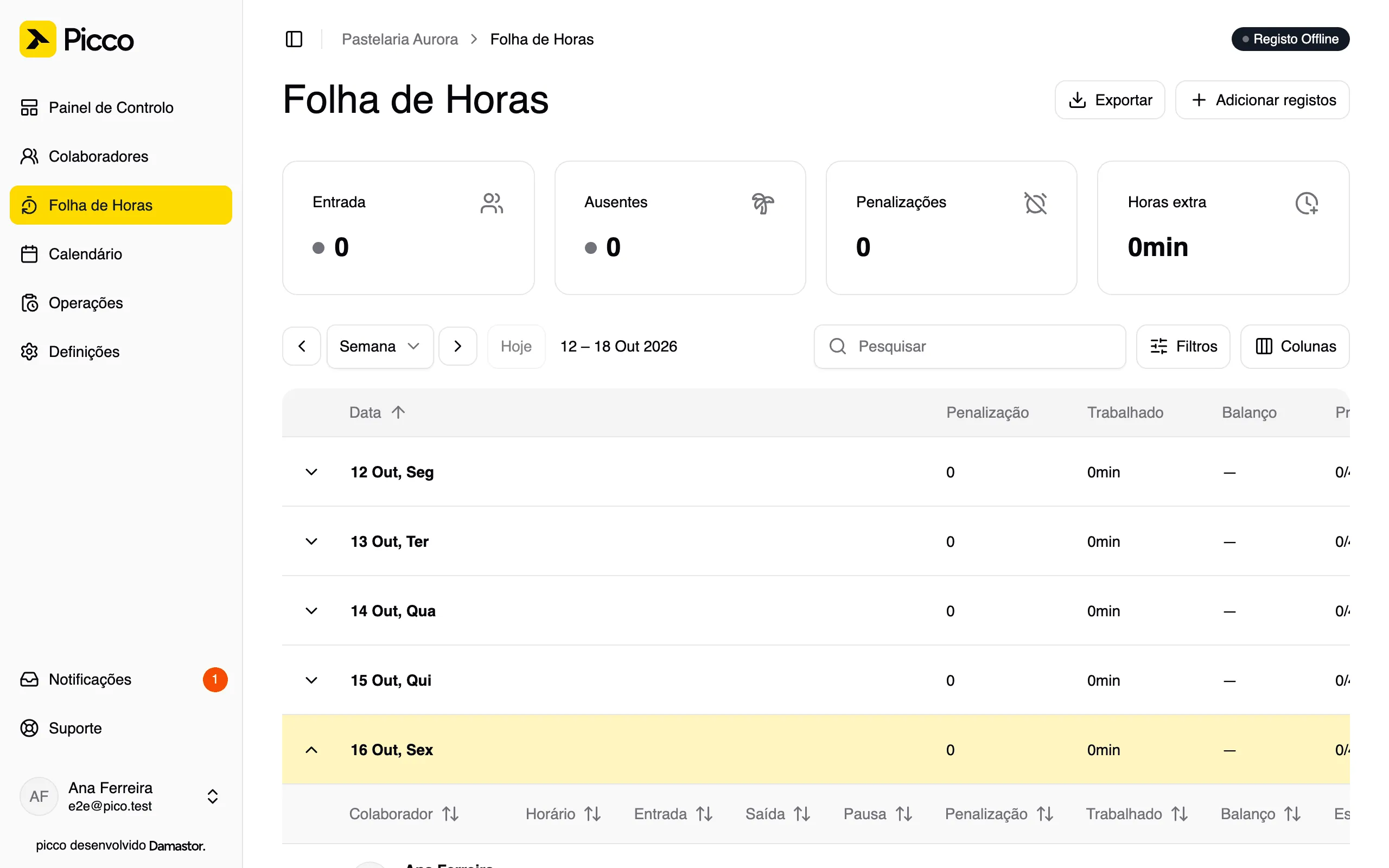Folha de Horas com as picagens da semana