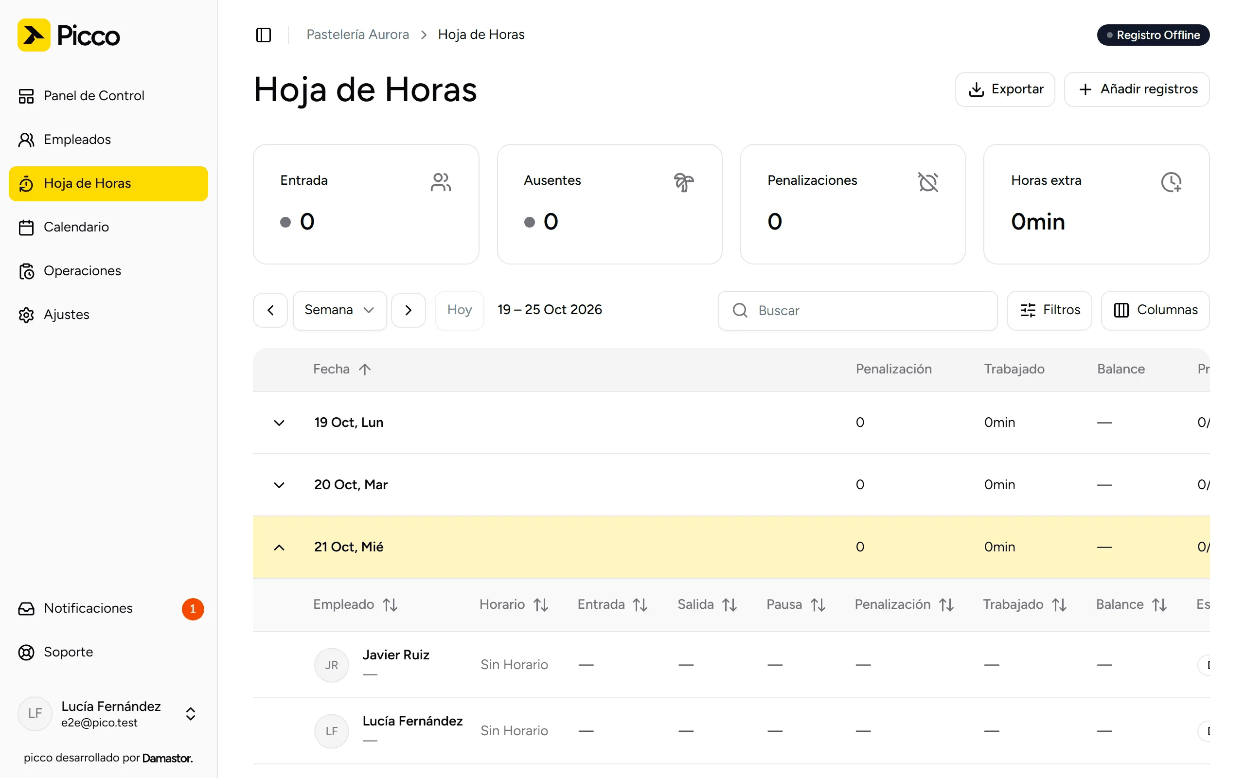Hoja de horas con los fichajes de la semana