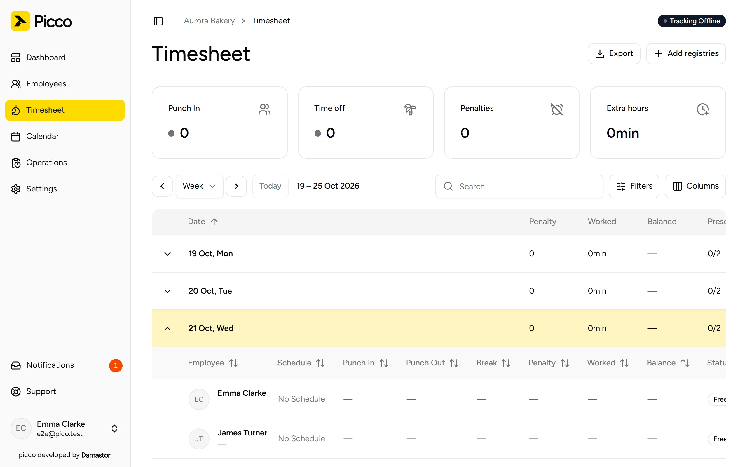 Timesheet with the week’s clock-ins