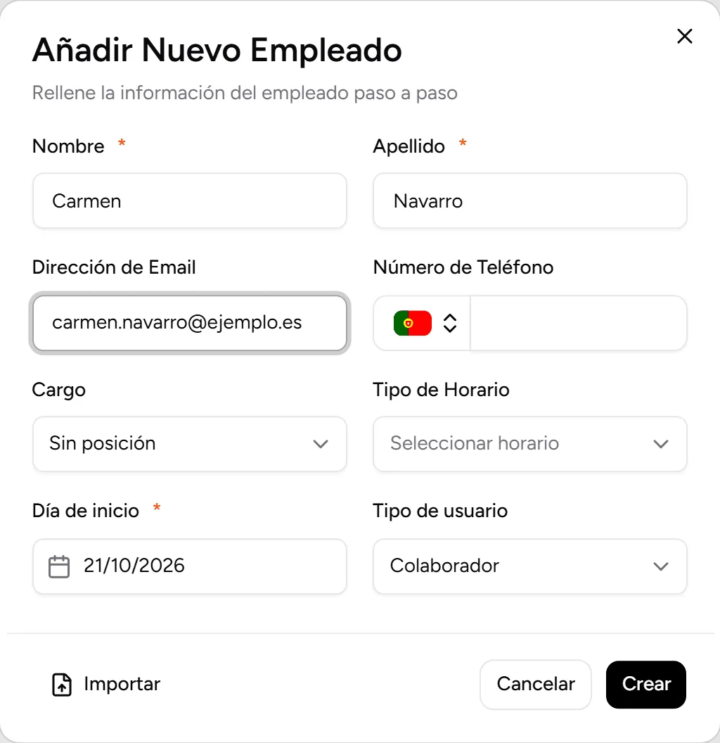 Formulario Añadir nuevo empleado rellenado