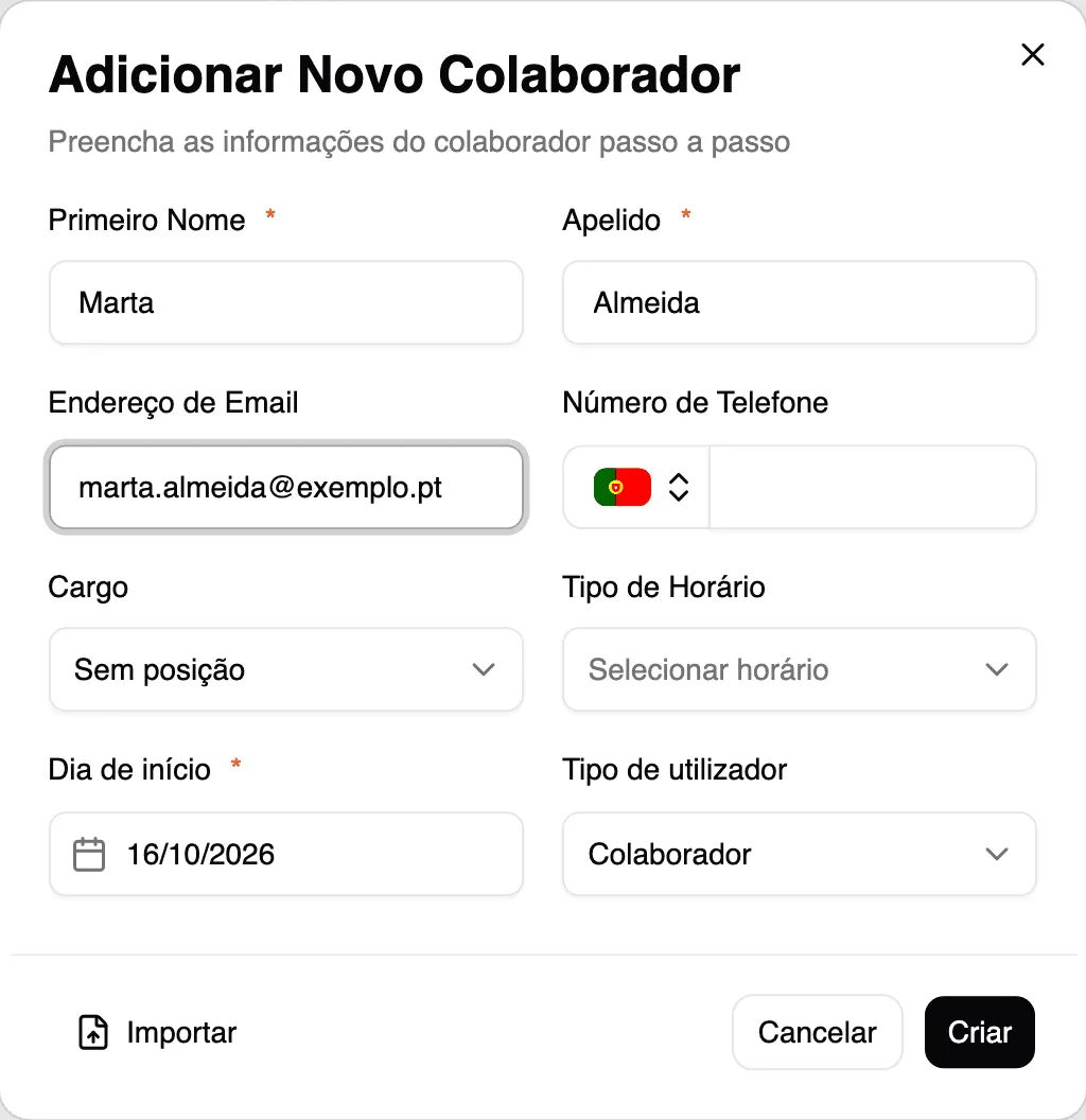 Formulário Adicionar Novo Colaborador preenchido
