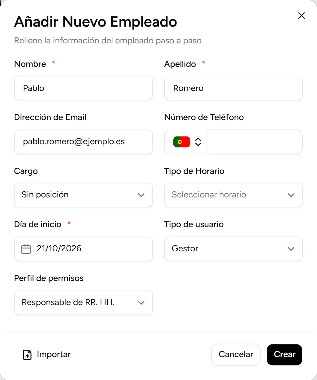 Formulario con Tipo de usuario Gestor y Perfil de permisos
