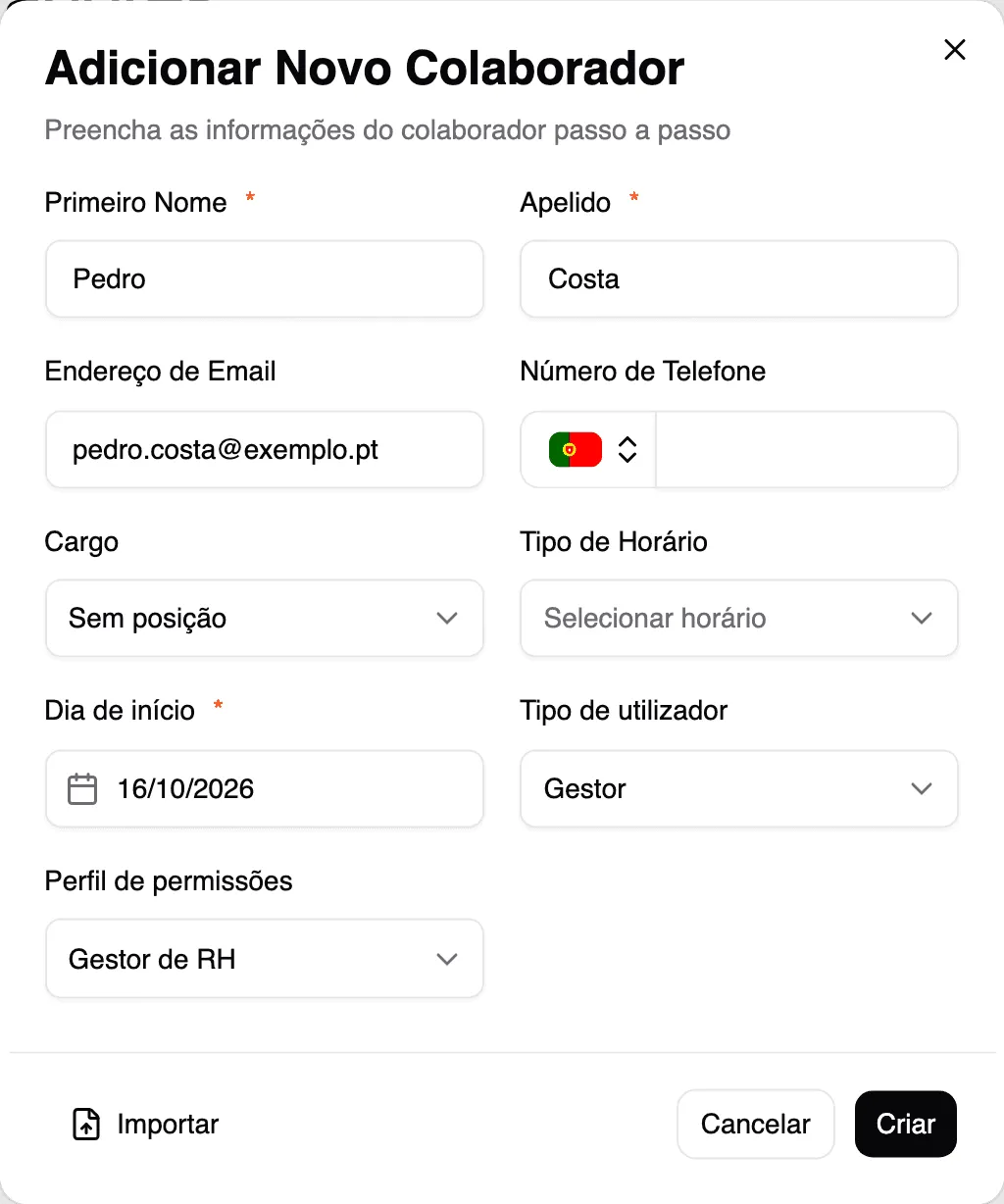 Formulário com Tipo de utilizador Gestor e Perfil de permissões