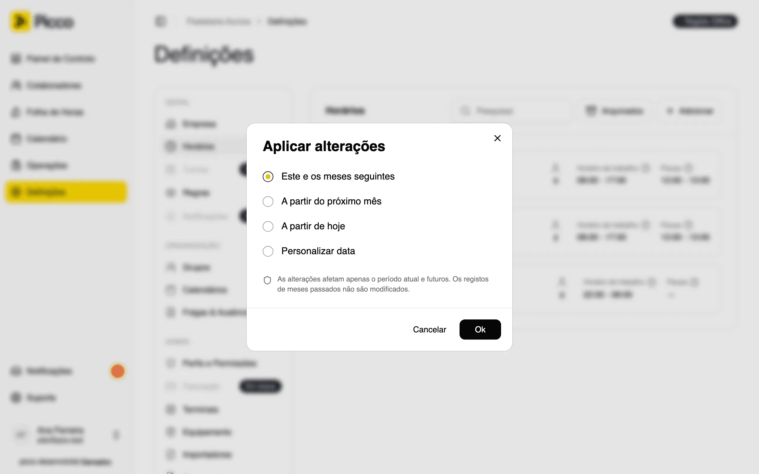 Escolher a partir de quando a alteração se aplica