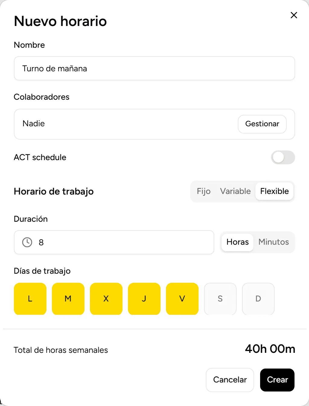 Nuevo horario de tipo Flexible, con la duración diaria