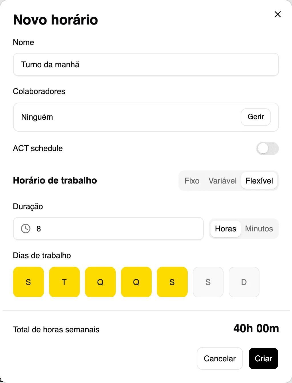 Novo horário do tipo Flexível, com a duração diária