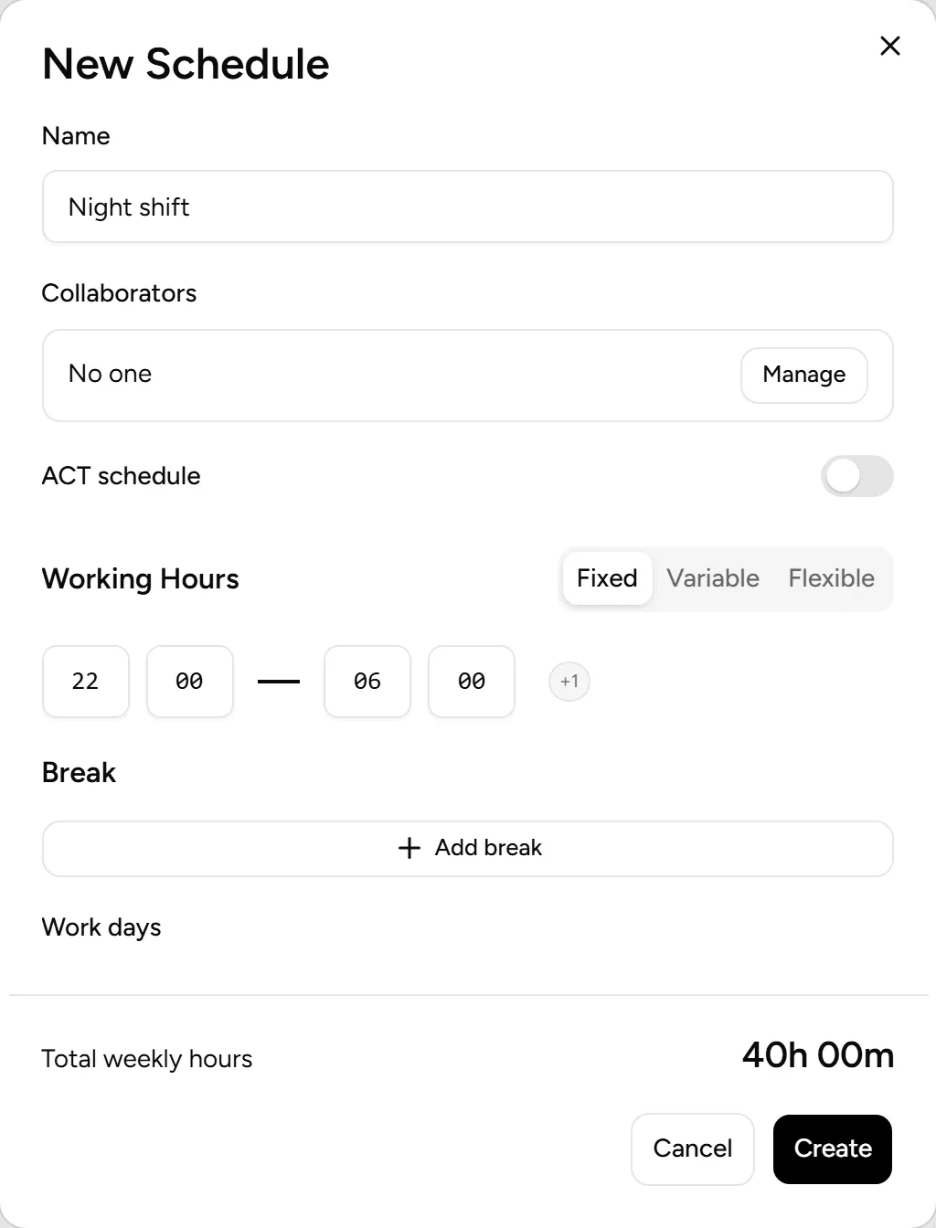 Schedule from 22:00 to 06:00 with the +1 mark