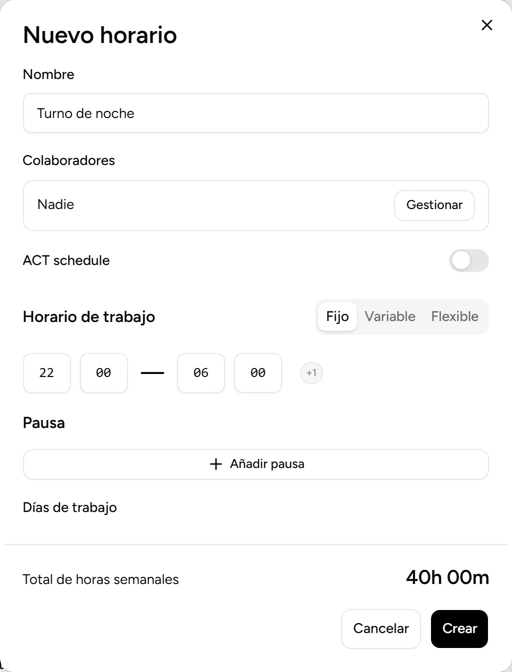 Horario de 22:00 a 06:00 con la marca +1