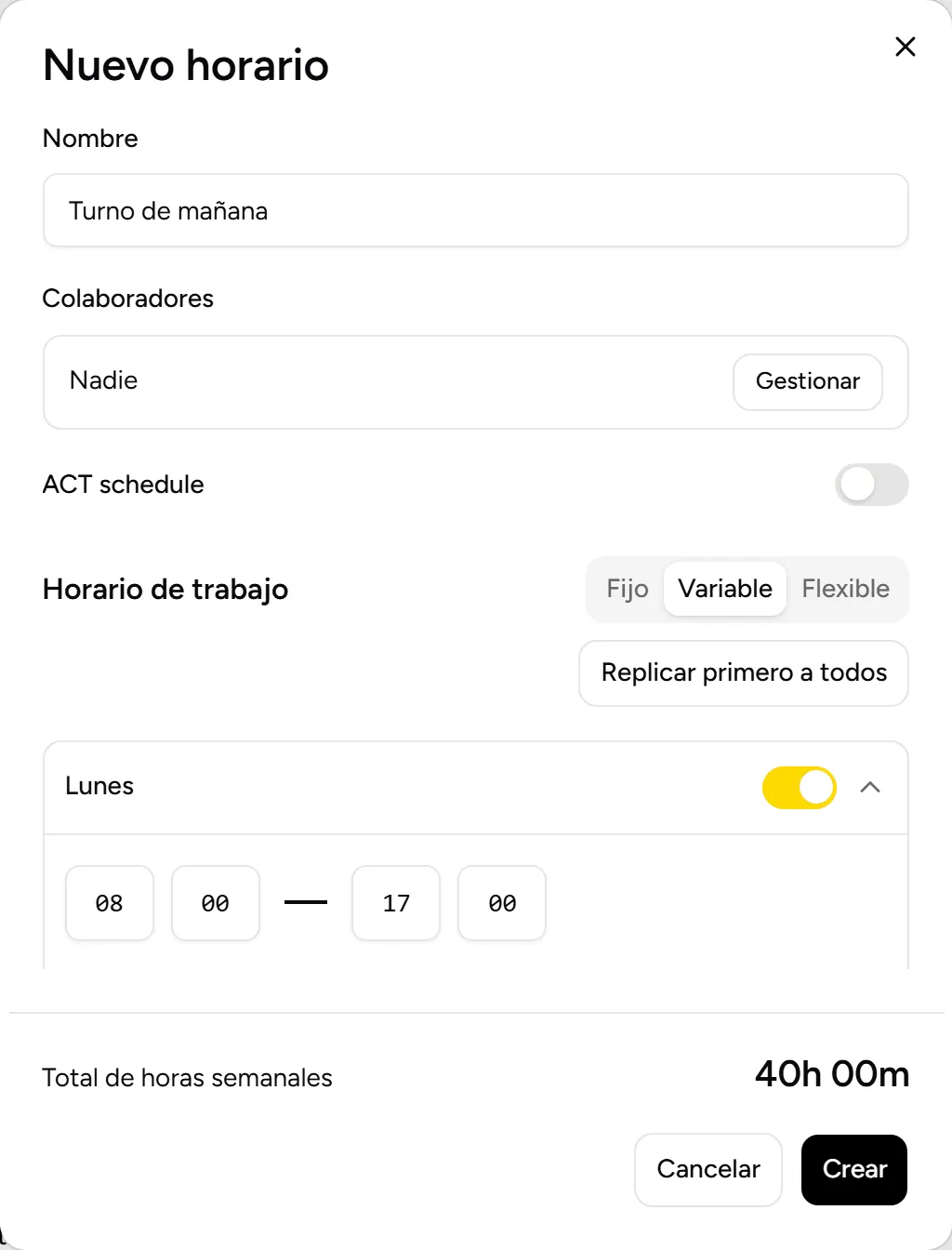 Nuevo horario de tipo Variable, con un bloque por día de la semana