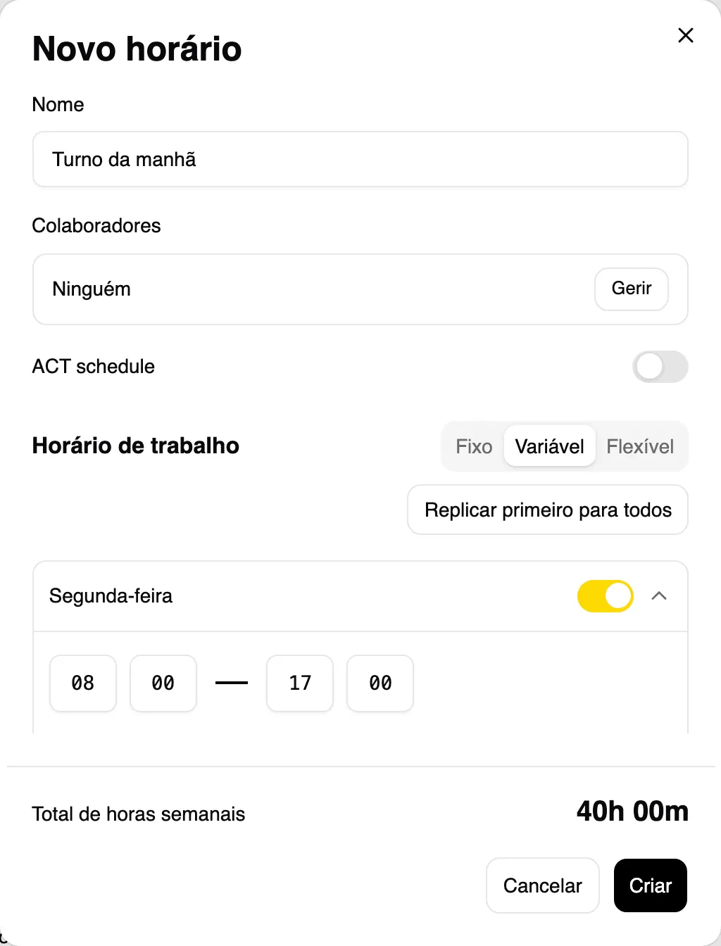 Novo horário do tipo Variável, com um bloco por dia da semana