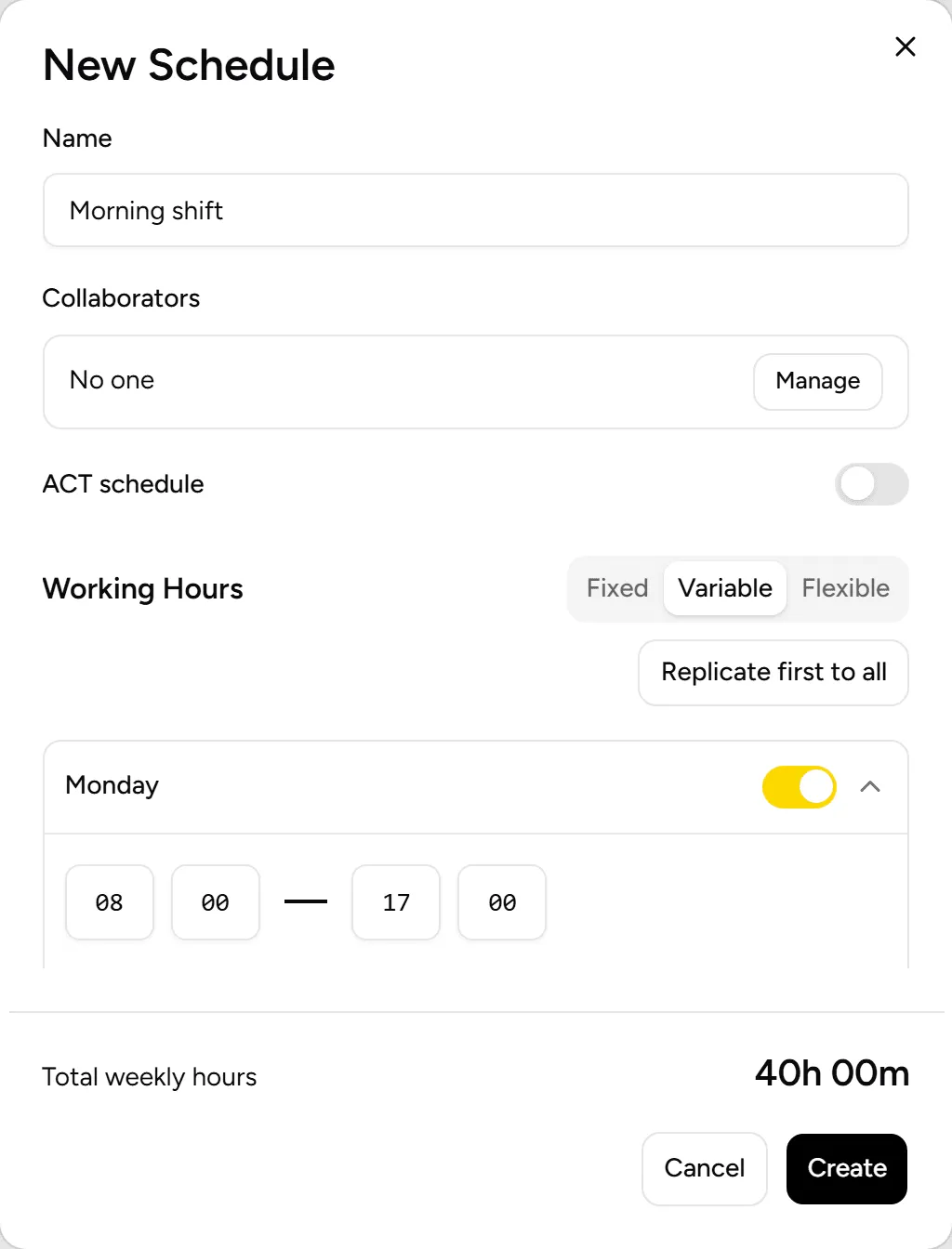 New Variable schedule, with one block per day of the week