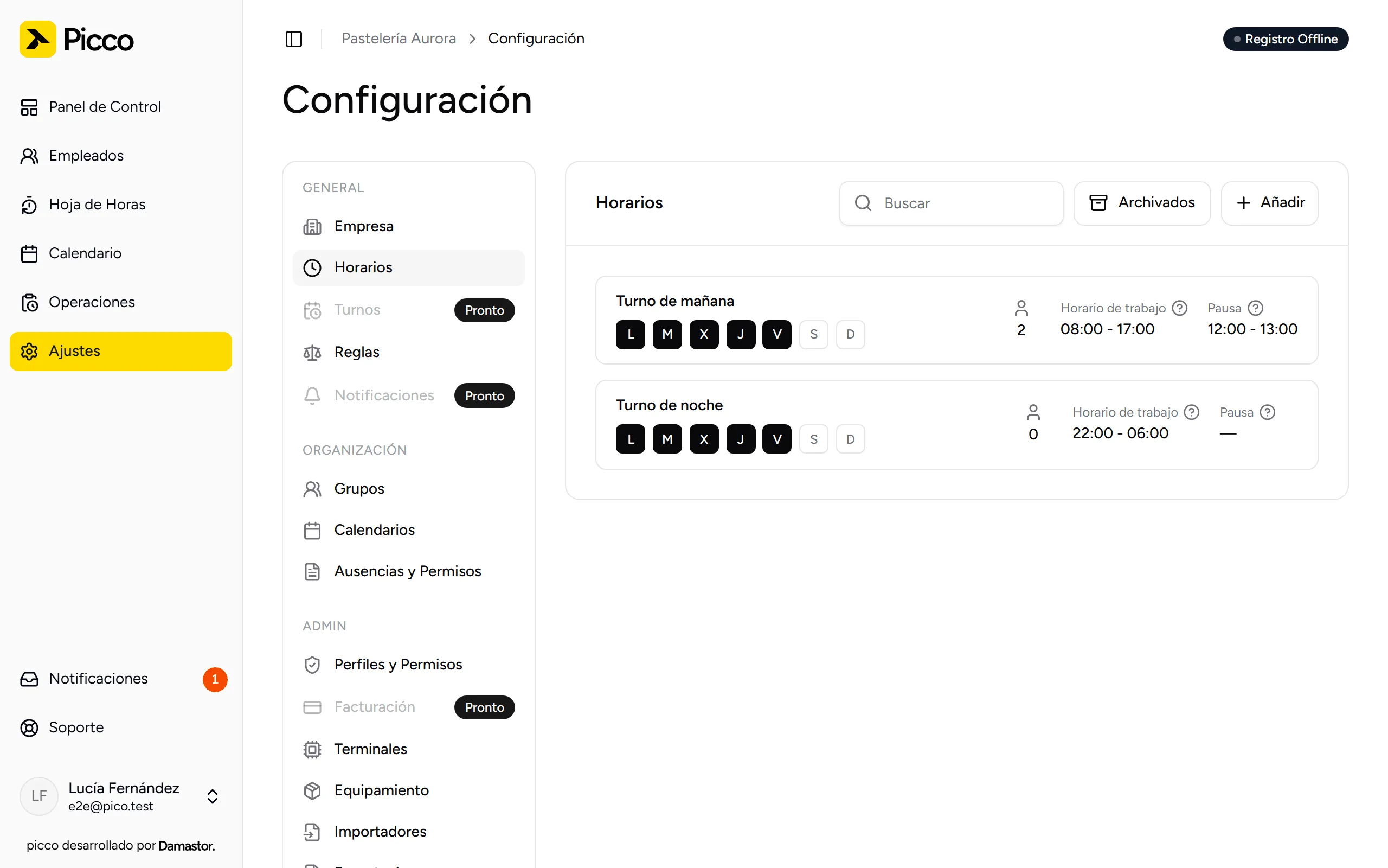 Lista de horarios en Ajustes