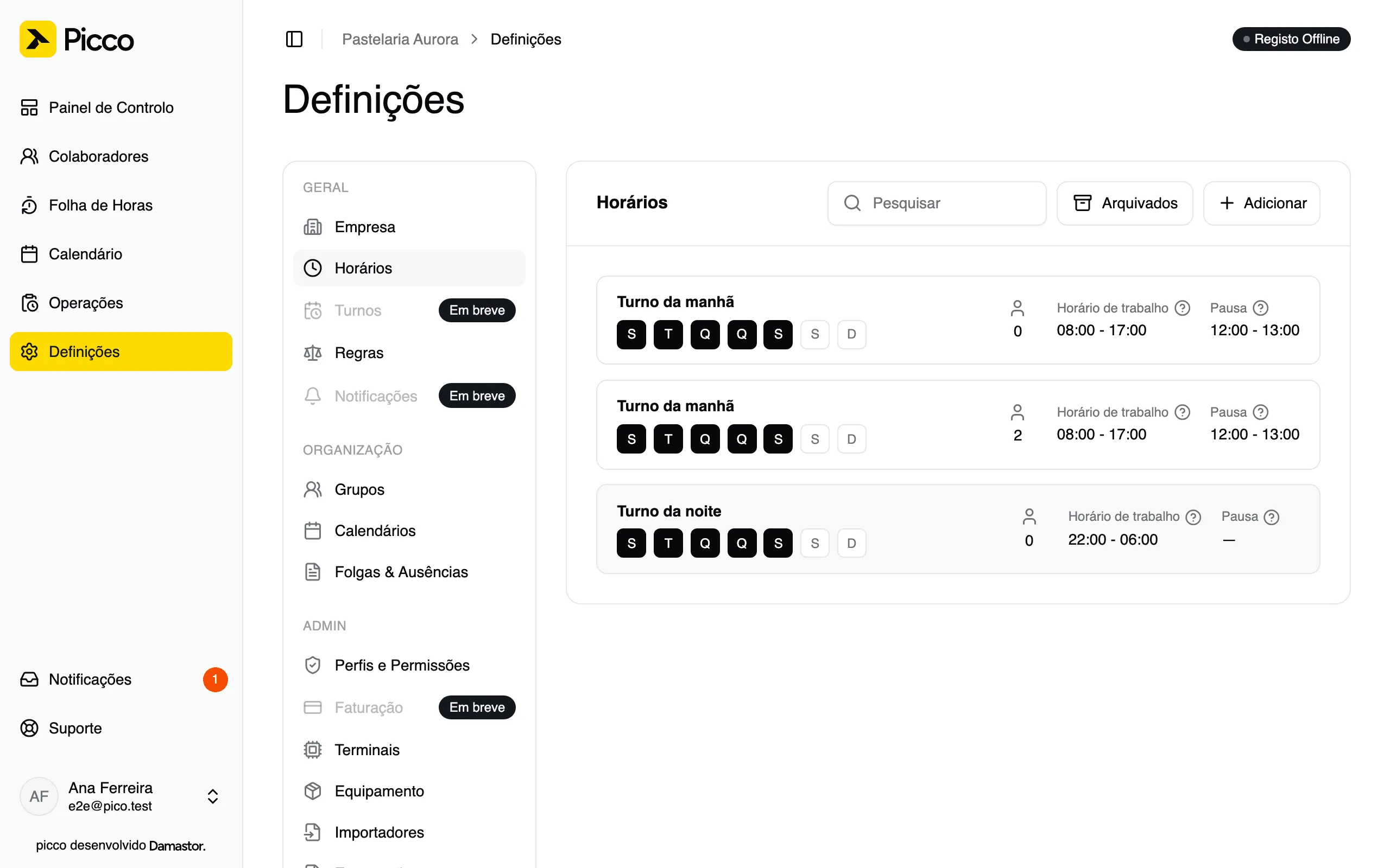 Lista de horários em Definições