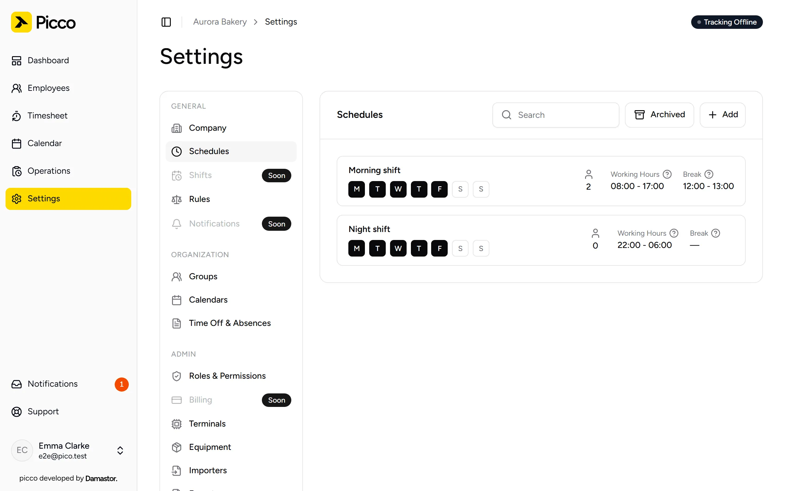 List of schedules in Settings