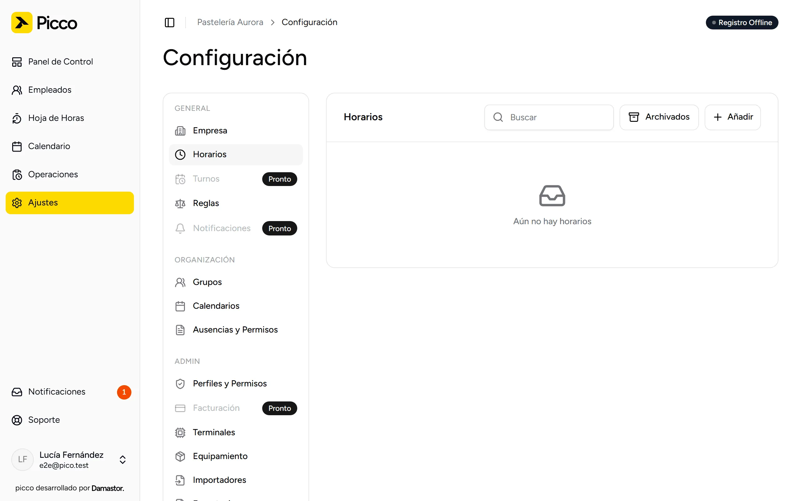 Lista de horarios en Ajustes, con el botón Añadir